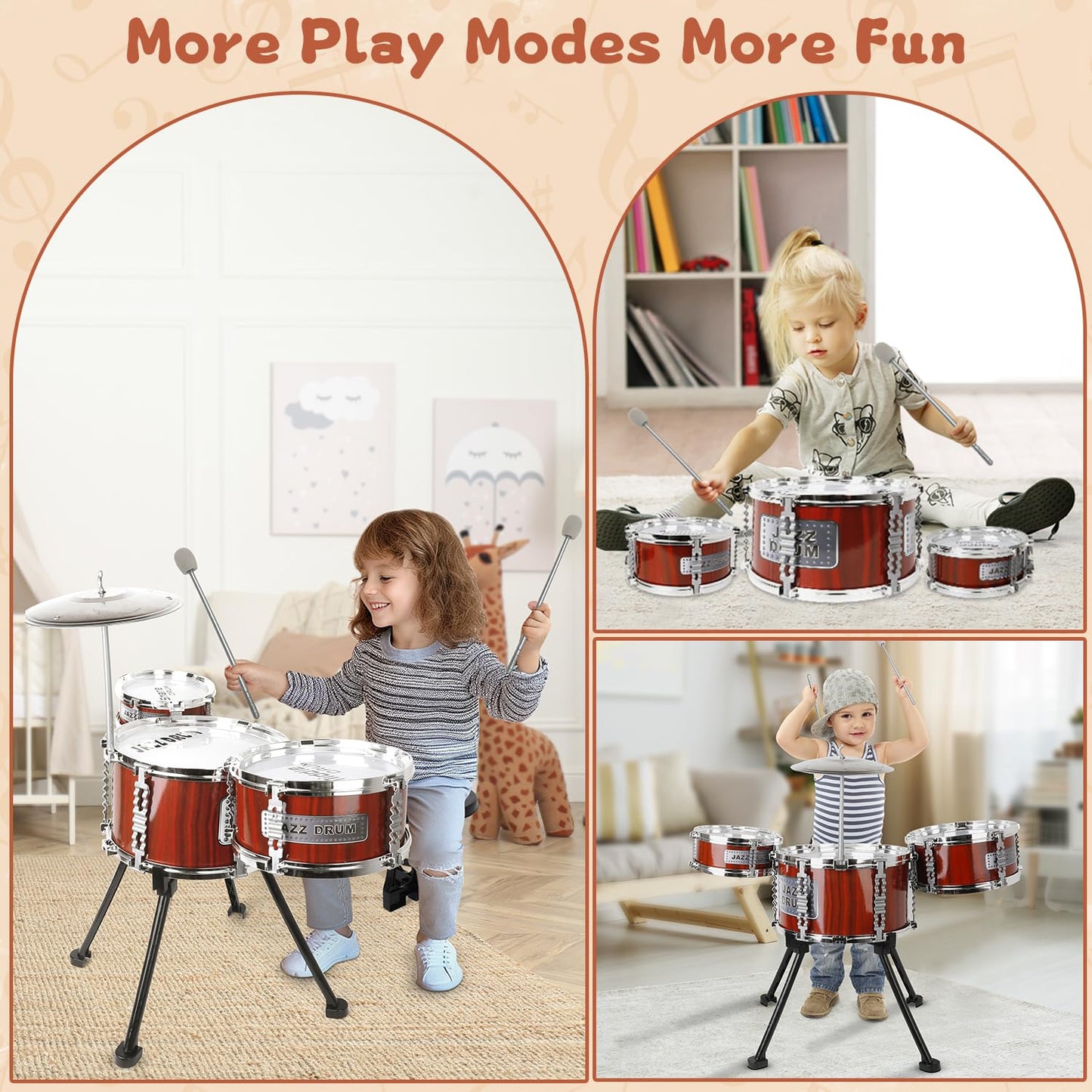 Kids Drum Set Music Toy Drum Set for Toddlers Ages 3-5 Jazz Drums Kit with Stool, 3 Drums Percussion Musical Instruments Toys for 3 4 5 Year Old Boys Girls Gifts