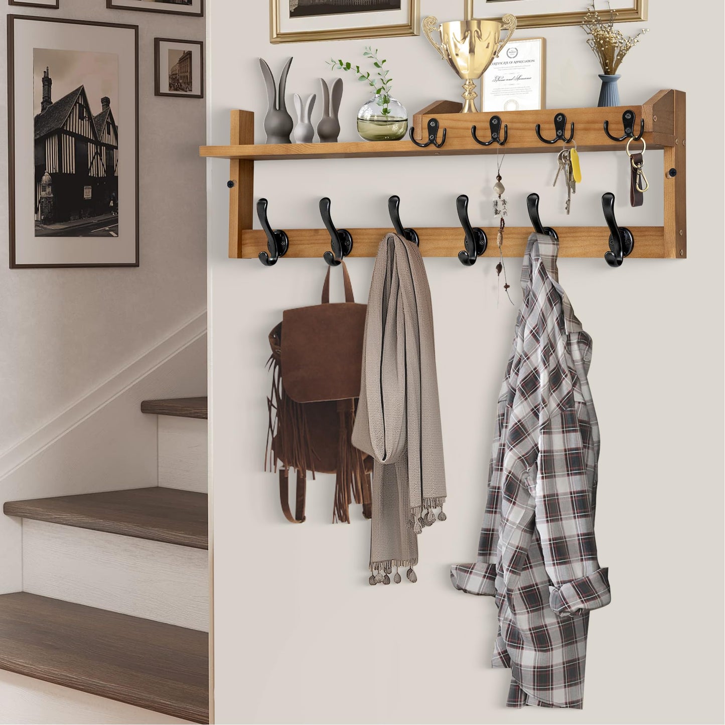 Coat Rack Wall Mount with Shelf, 27.5" Entryway Wall Hanging Shelf, Coat and Key Hanger with 10 Dual Hooks, Mail Organizer and Key Holder Hat Rack for Wall, Wood Coat Hooks with Storage