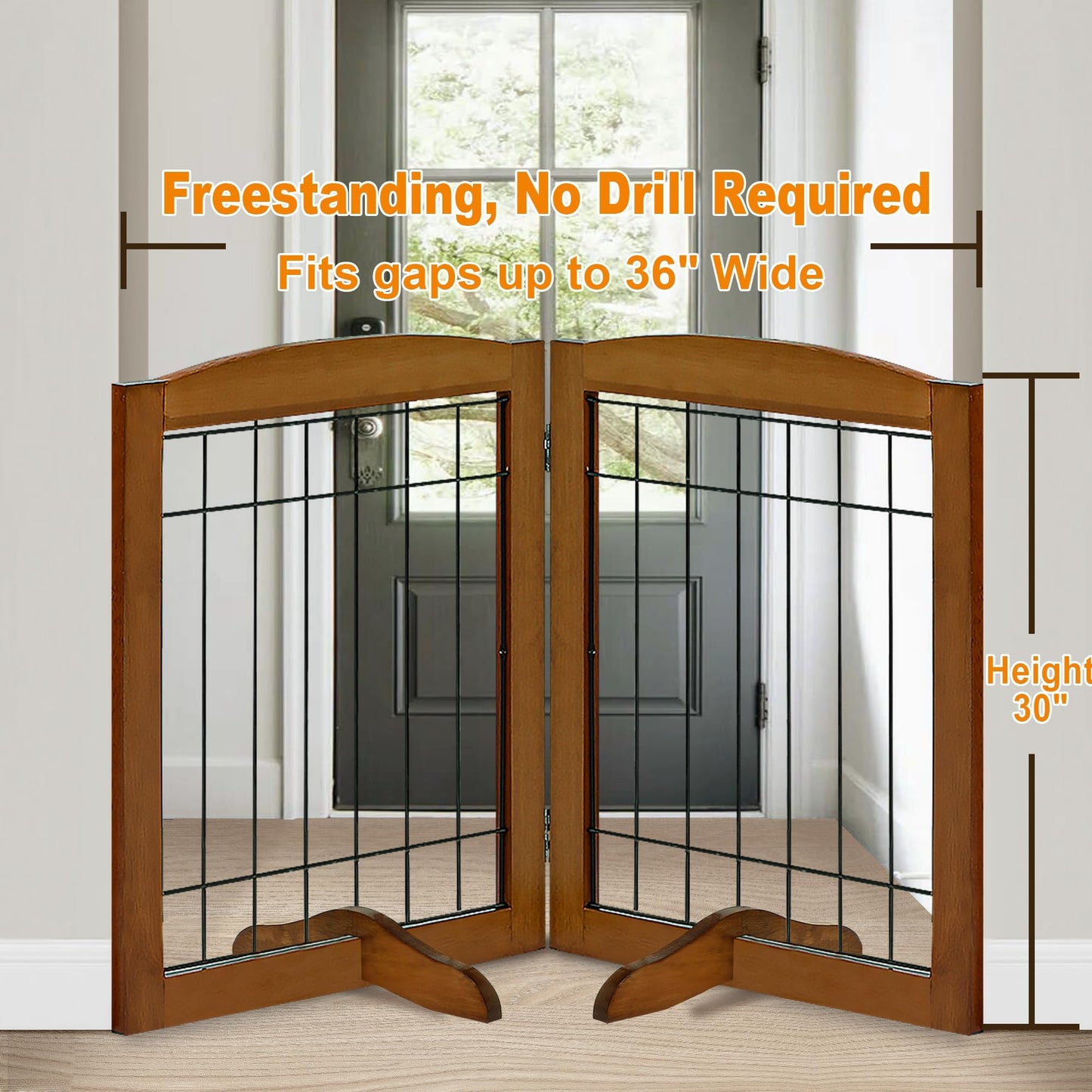 LZRS 2-Panel Freestanding Adjustable Wooden Dog Gate—30” Tall Foldable Pet Barrier with Support Feet, Solid Hardwood & Chew-Resistant Steel Wire for Doorways, Hallways, and Stairs, Oak Cherry