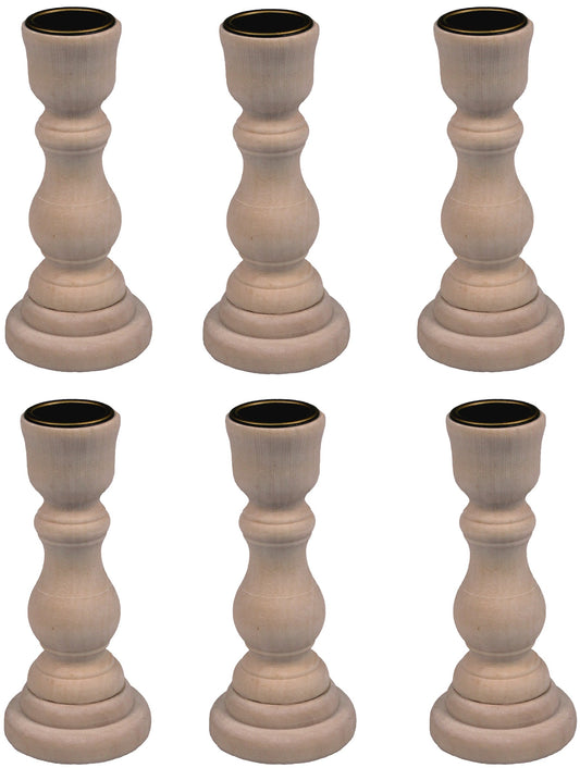 Creative Hobbies 4 Inch Tall Unfinished Wooden Candlesticks with Metal Candle Holder Cup Center - Wholesale Pack of 6