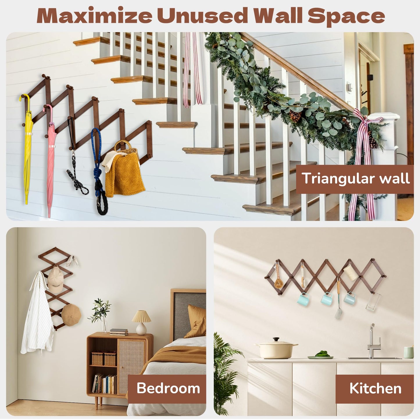 Cozcty Accordion Wall Hanger, Wooden Hat Rack for Wall with 16 Hooks, Expandable Peg Hat Hanger Organizer, Decorative Coat Rack Hanging Baseball Caps, Bags, Scarves (Walnut)