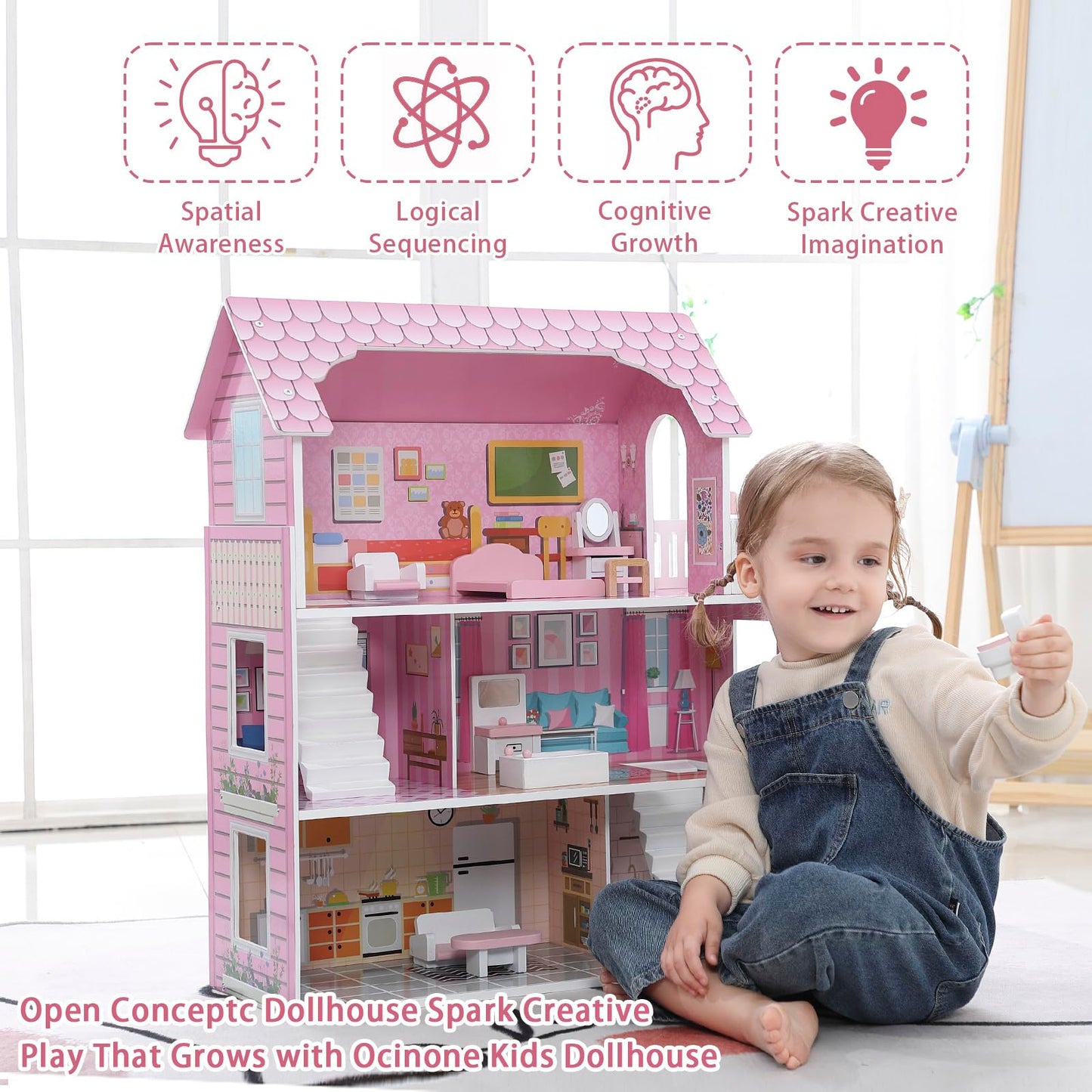 OCINONE Kids Dollhouse - Pink Wooden Doll House with 10-Piece Mini Furniture Set, 3-Story & 5 Open Rooms, Easy to Assemble Pretend Play House, Gift for Girls Boys Ages 3 4 5 6 Years Old