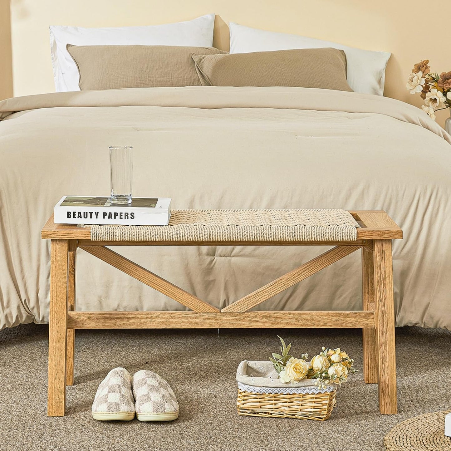 Dechawfon Solid Wood Narrow Bench, 33.46" Woven Bench for Entryway and Hallway, End of Bed Bench with Oak Frame, Boho Accent Bench - 500lbs Capacity (Natural White)