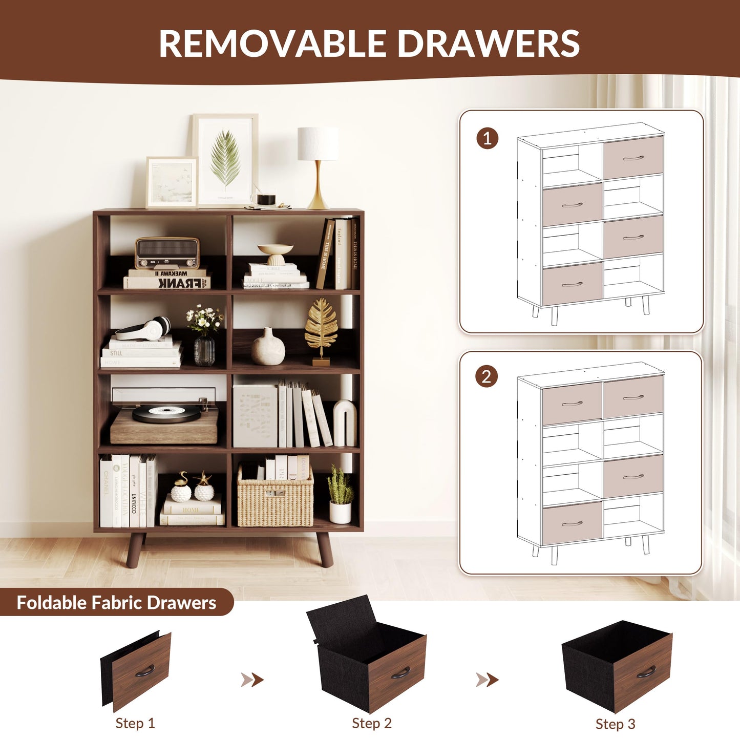 ELYUP Bookcase with Fabric Storage Bins - 8 Cube Organizer Display Bookshelf for Home Office, Walnut
