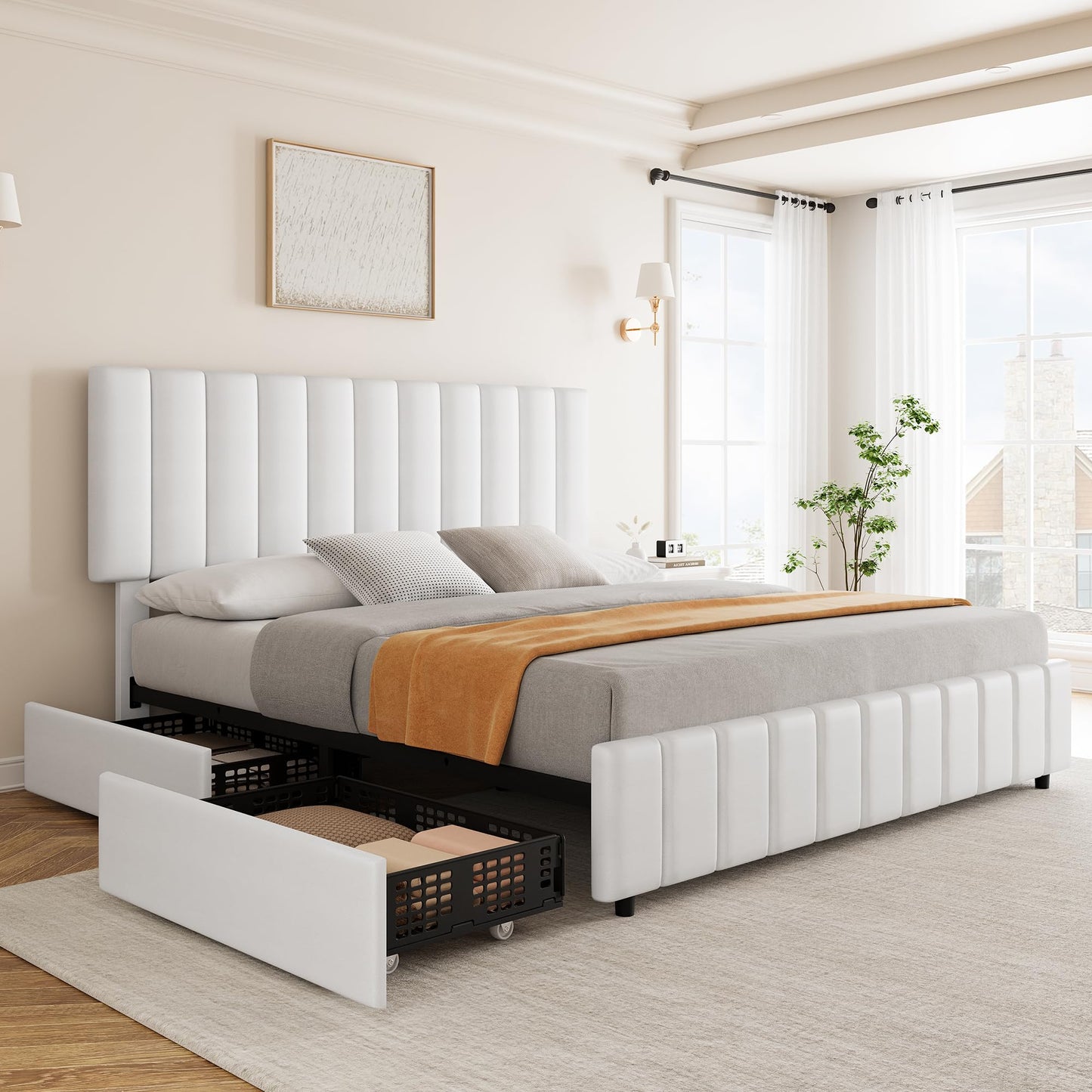 Queen Size Bed Frame with Upholstered Headboard, Queen Platform Bed with 4 Storage Drawers, Wooden Slats Support & Adjustable Headboard, No Box Spring Needed, Noise Free, Easy to Assemble, White