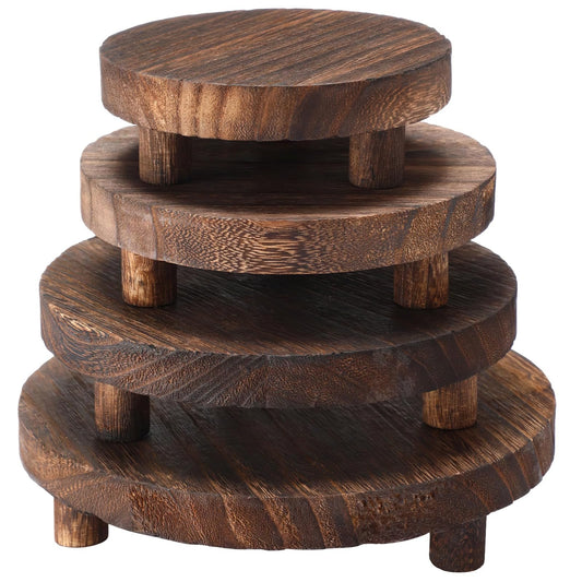 Varku 4 Pcs Wooden Risers for Decor, Round Wood Display Stands, 5-8 Inch Set, Vintage Dark Wood with Natural Grain, Ideal for Candle, Aromatherapy, and Home Display