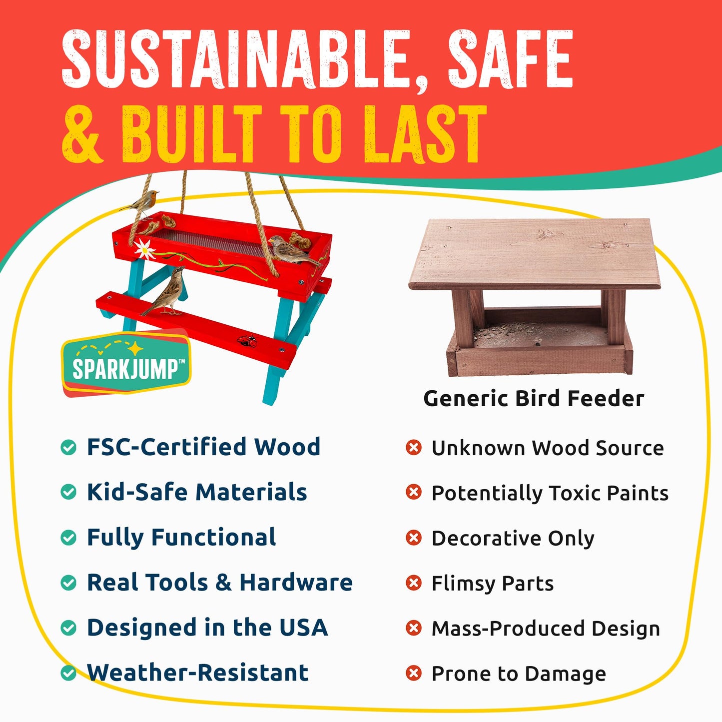 SparkJump Picnic Table Bird Feeder Kit, DIY Woodworking Project for Kids and Families, Complete Tools and Paint Set, FSC-Certified Sustainable Wood, Backyard Nature Activity, Ages 6+