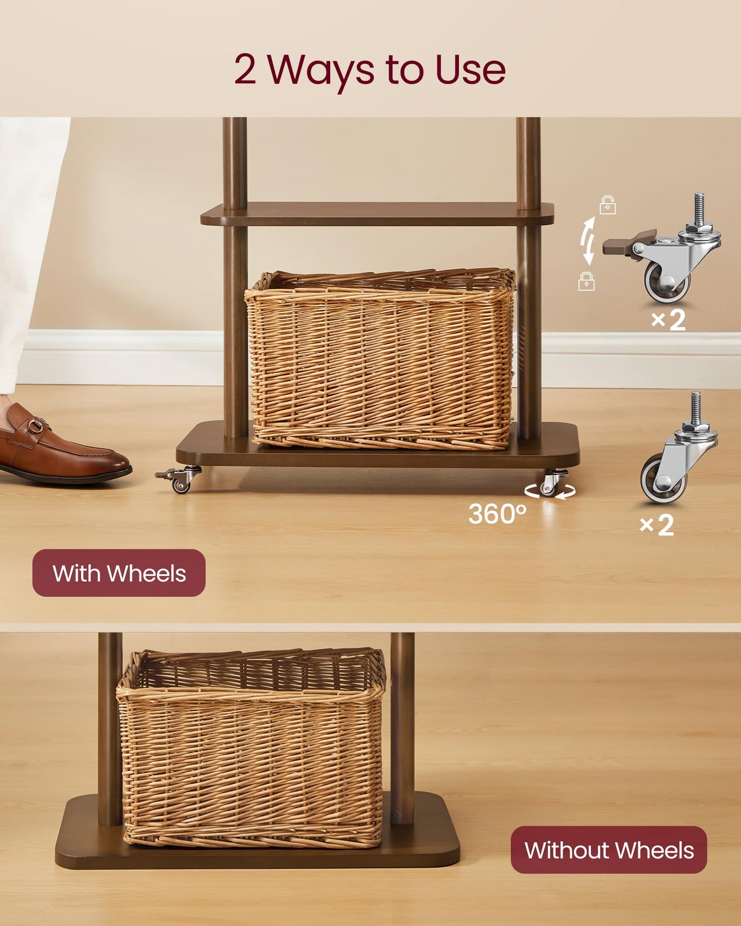 VASAGLE Freestanding Coat Rack Stand with 7 Hooks, 2 Shelves, 4 Removable 360° Swivel Wheels, Wooden Hooks and Pole, for Entryway, Bedroom, Living Room, Walnut Brown URCR053KJ01