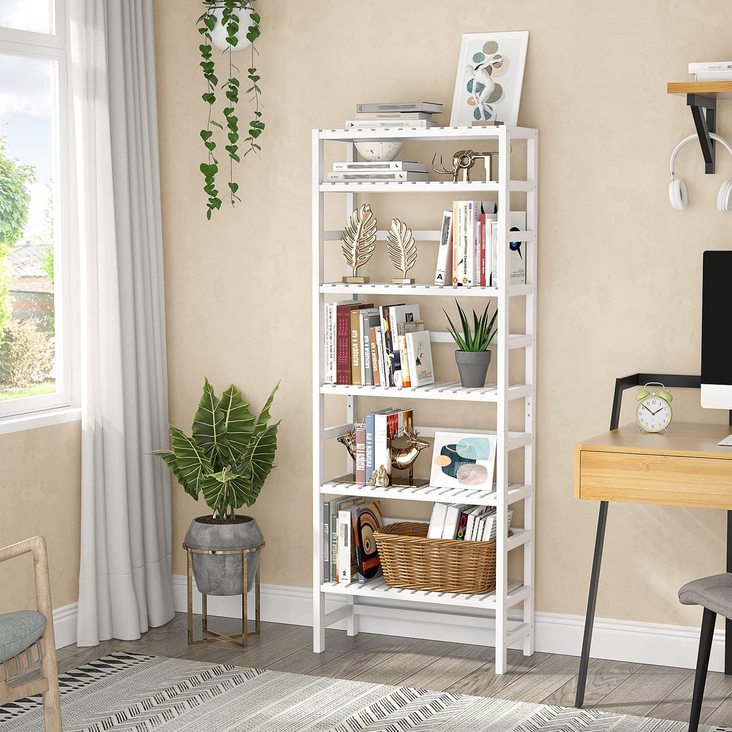 Homykic 6-Tier Bamboo Bookshelves and Bookcases, Adjustable 63.4”Tall Shallow Book Shelf Organizer Rack, Freestanding Storage Shelving Unit for Living Room, Kitchen, Bathroom, Office, White