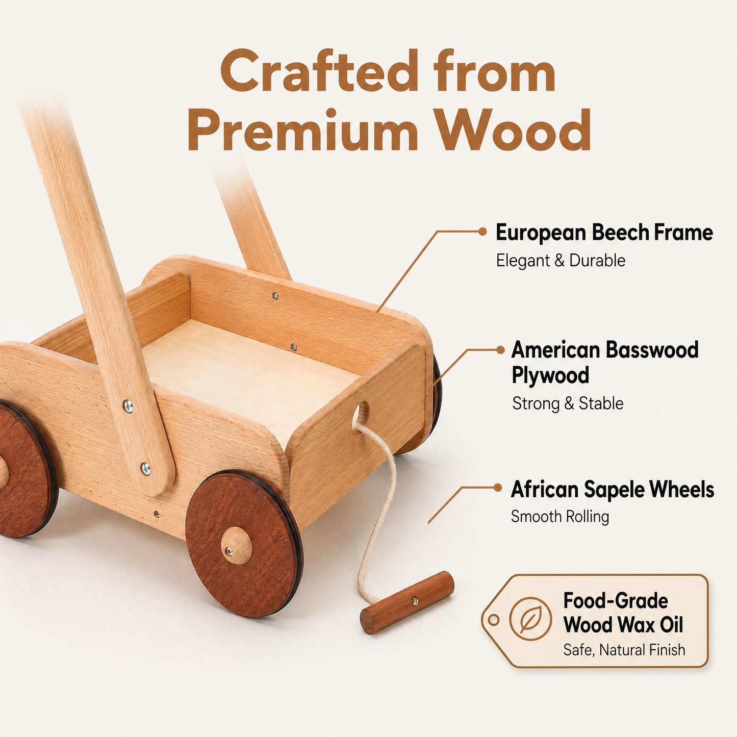 Woodtoe Wooden Baby Walker, Adjustable Speed Anti-Rollover Push Walker Toy for Babies Learning to Walk, Natural Toddler Push and Pull Toys Wagon, Montessori Birthday Toy Gift for Boy Girl 1 2 3 Years
