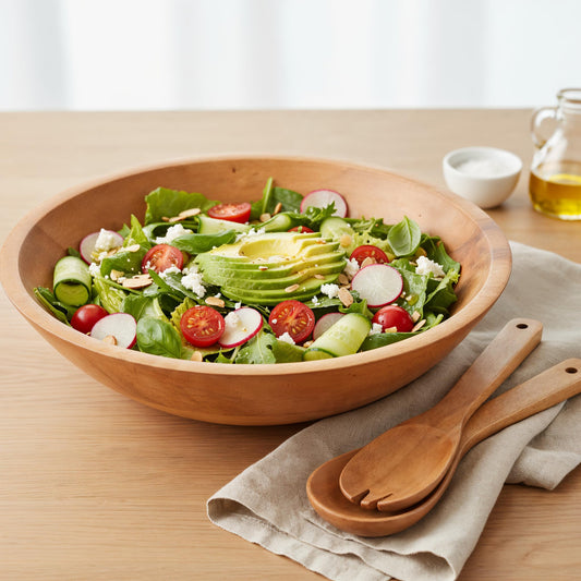 KIBAGA Extra Large Wooden Salad Bowl Set With Serving Utensils - A Beautiful Party Salad & Fruit Bowl With Serving Spoons Perfect for Your Dinner Party - Decorative & Practical Kitchen Must-Have