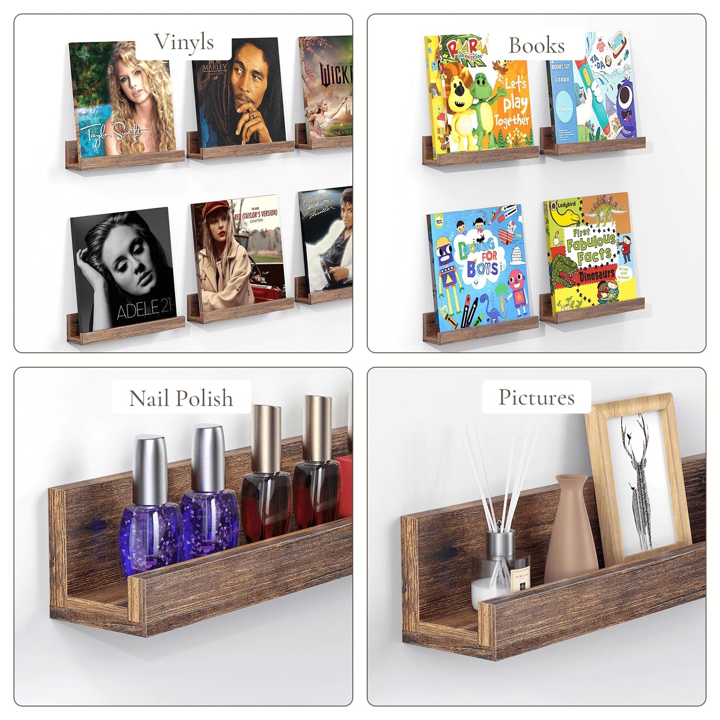 BCOZLUX Vinyl Record Shelf Wall Mount, 12 inch Wooden Album Record Holder Display, Pack of 6 Floating Shelves for Wall, Magazine Rack, Kids Bookshelf for Bedroom, Living Room, Rustic Brown