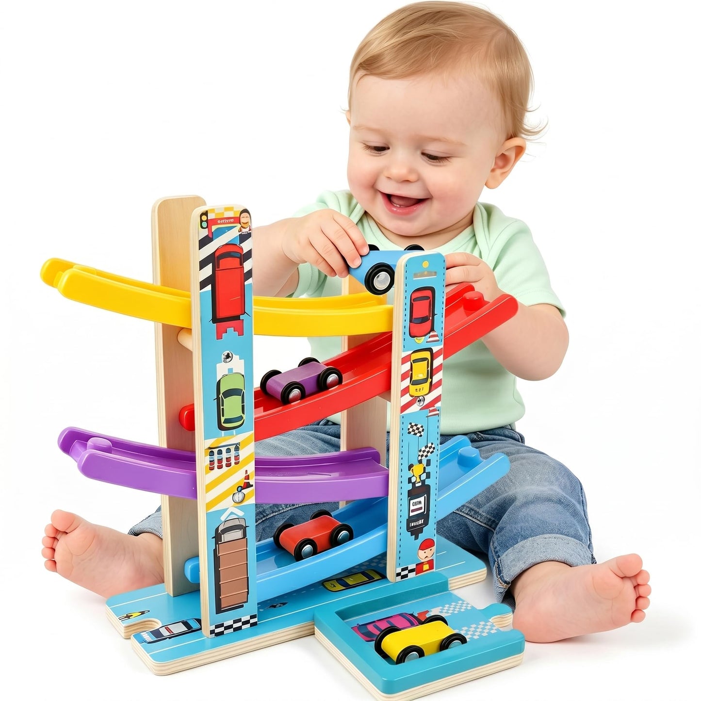 Heirio Montessori Toys for 1 2 3 Year Old Boy Girl - No Assembly Wooden Car Ramp Toy with 4 Race Cars & Parking Lot Garage, Perfect 18 Month 2nd 3rd Birthday Gifts for Toddlers Kids