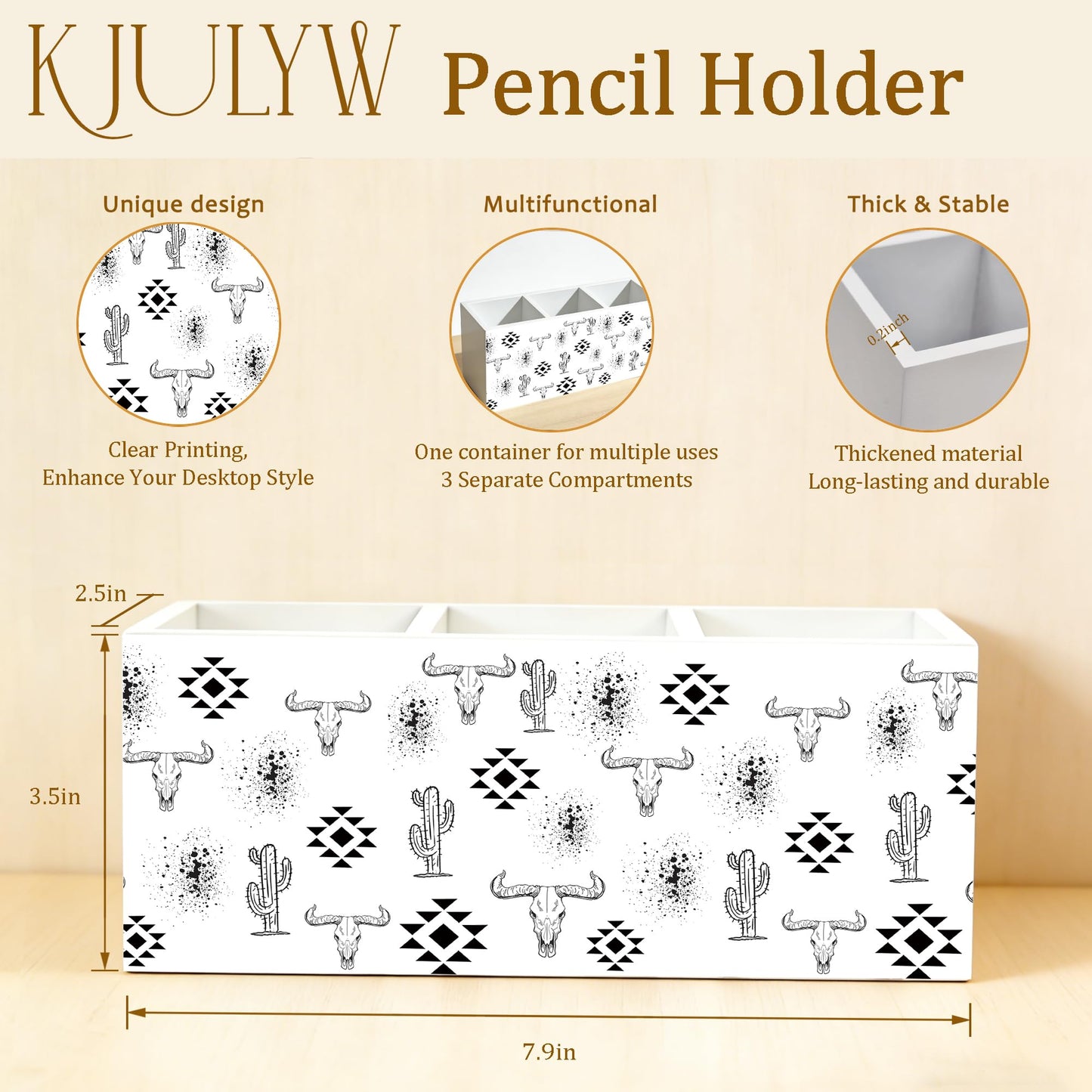 KJULYW Western Desk Accessories Pen Holder, Western Office Decor, Boho Aztec Bull Skull Cactus Wooden Box Pencil Pen Holder Organizer for Home Office Desk Accessories