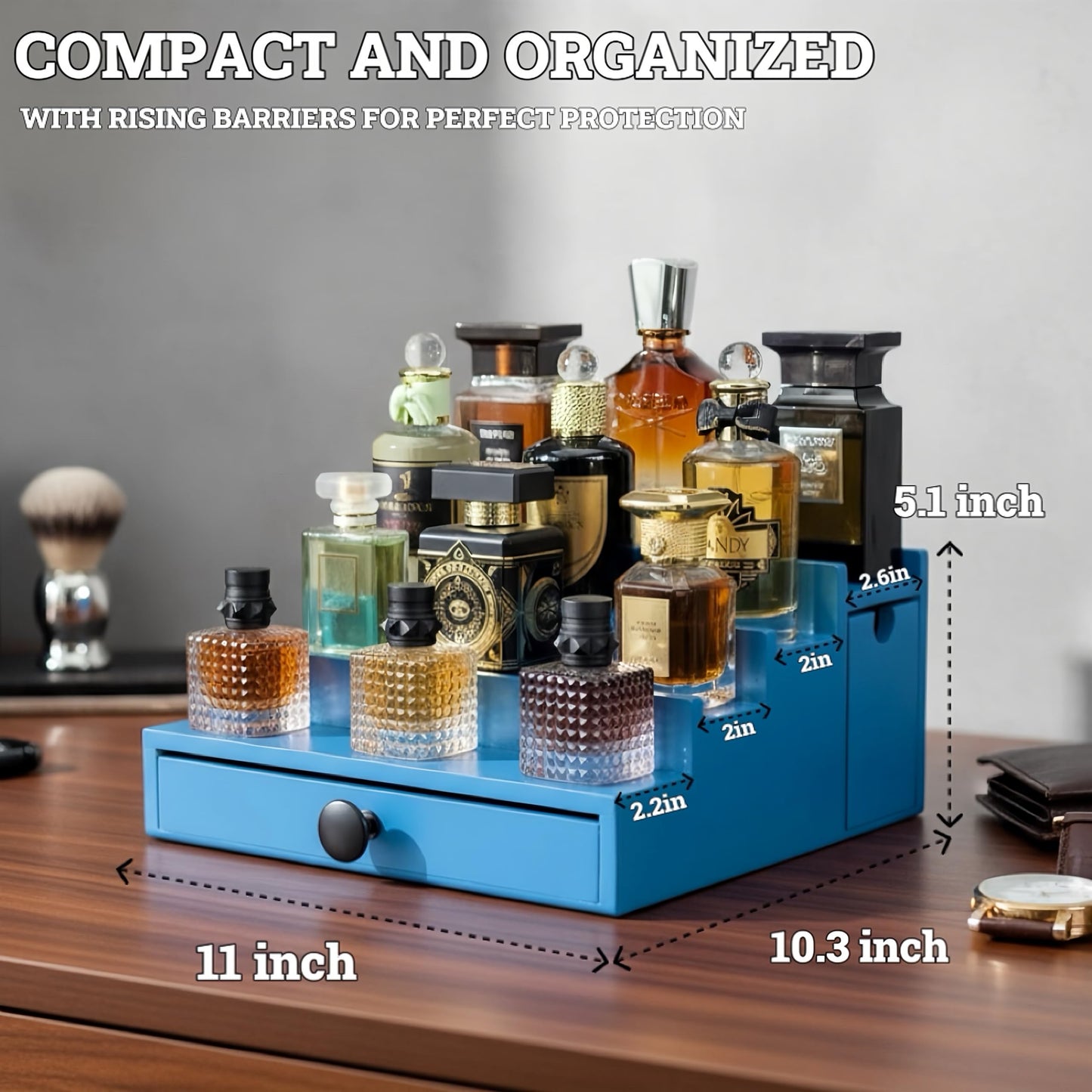 4 Tier Black Cologne Organizer with 4 Tier Blue one