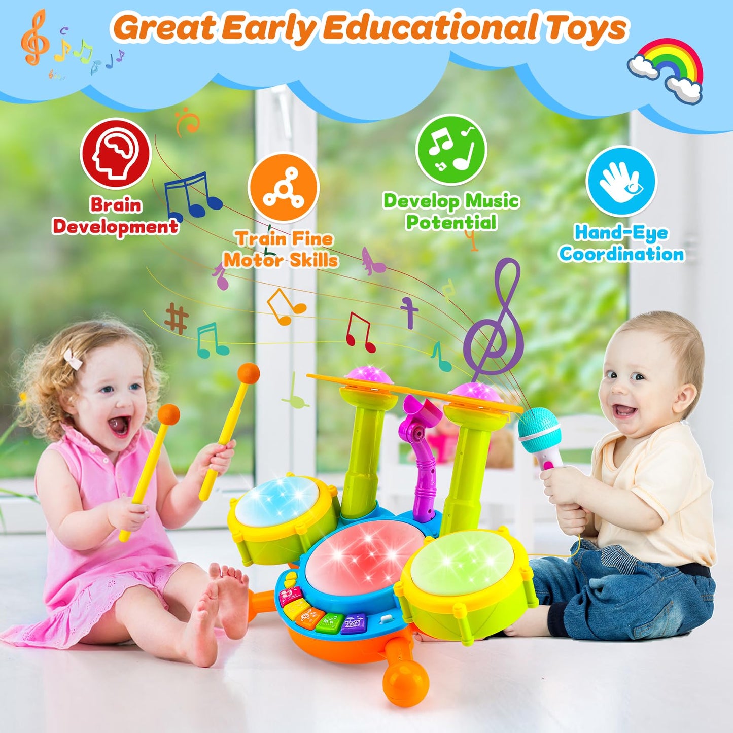 Kids Drum Set for Toddlers Musical Baby Toys Boy Gifts Montessori Baby Girl Toys with Microphone Light Up Learning Toys Birthday Gifts for Infants Toddler Age 3+