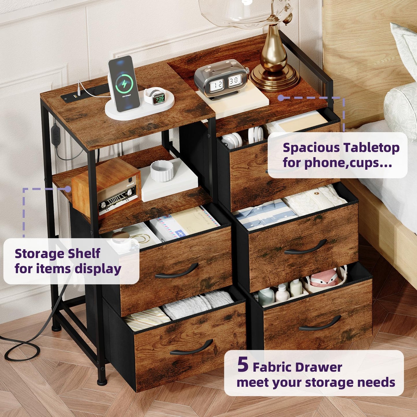 Somdot Nightstand with Charging Station and LED Light, Wide 5 Drawers Dresser for Bedroom with Fabric Bins and Open Shelf for Bedroom Kids Closet Dorm Guest Room, Wood Grain Print