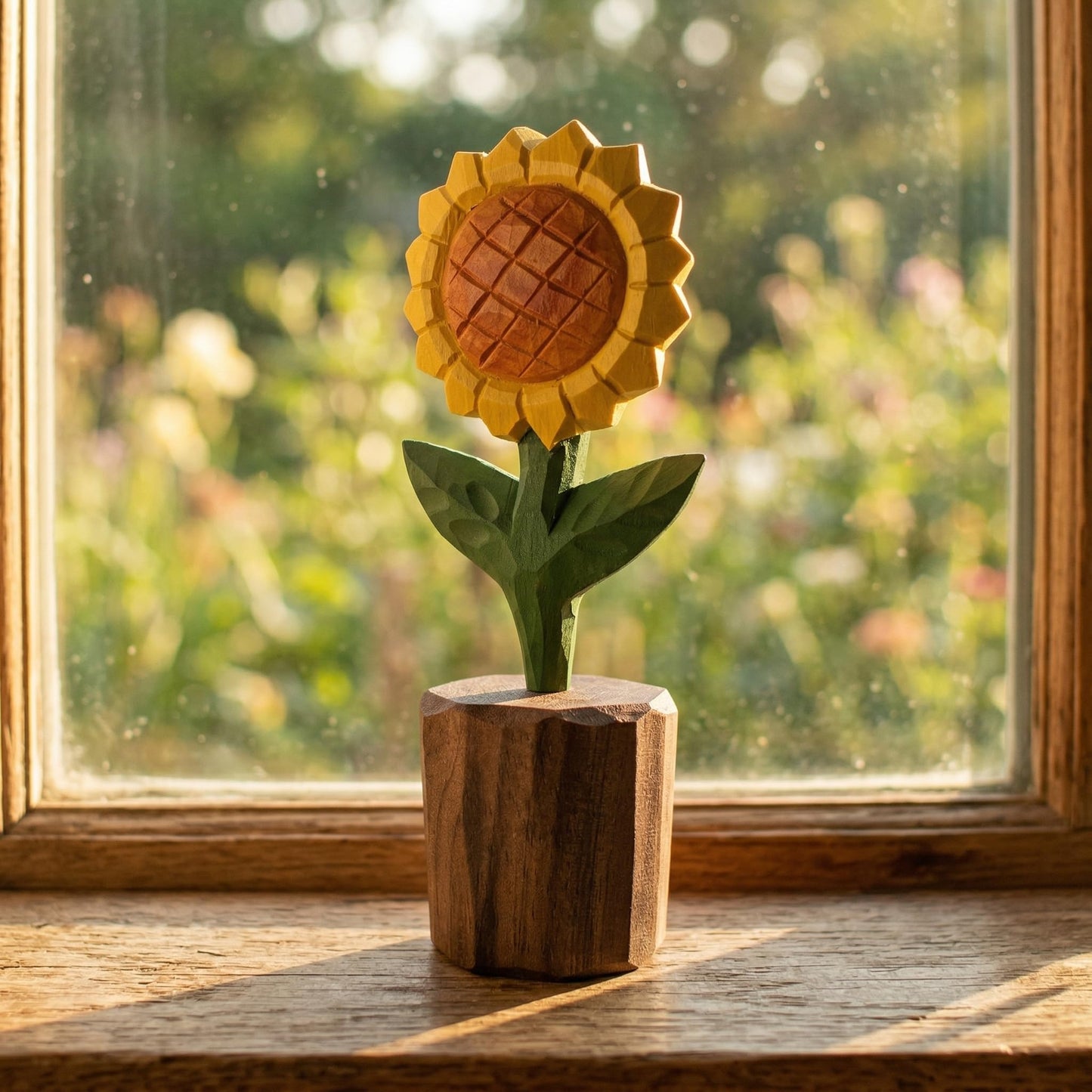 WOODEN ISLANDS Hand-Carved Wooden Sunflower Figurine, 5-Inch Solid Wood Flower Statue for Rustic Farmhouse Home Shelf Decor & Office Desk Accessories, Includes Gift Box Packaging