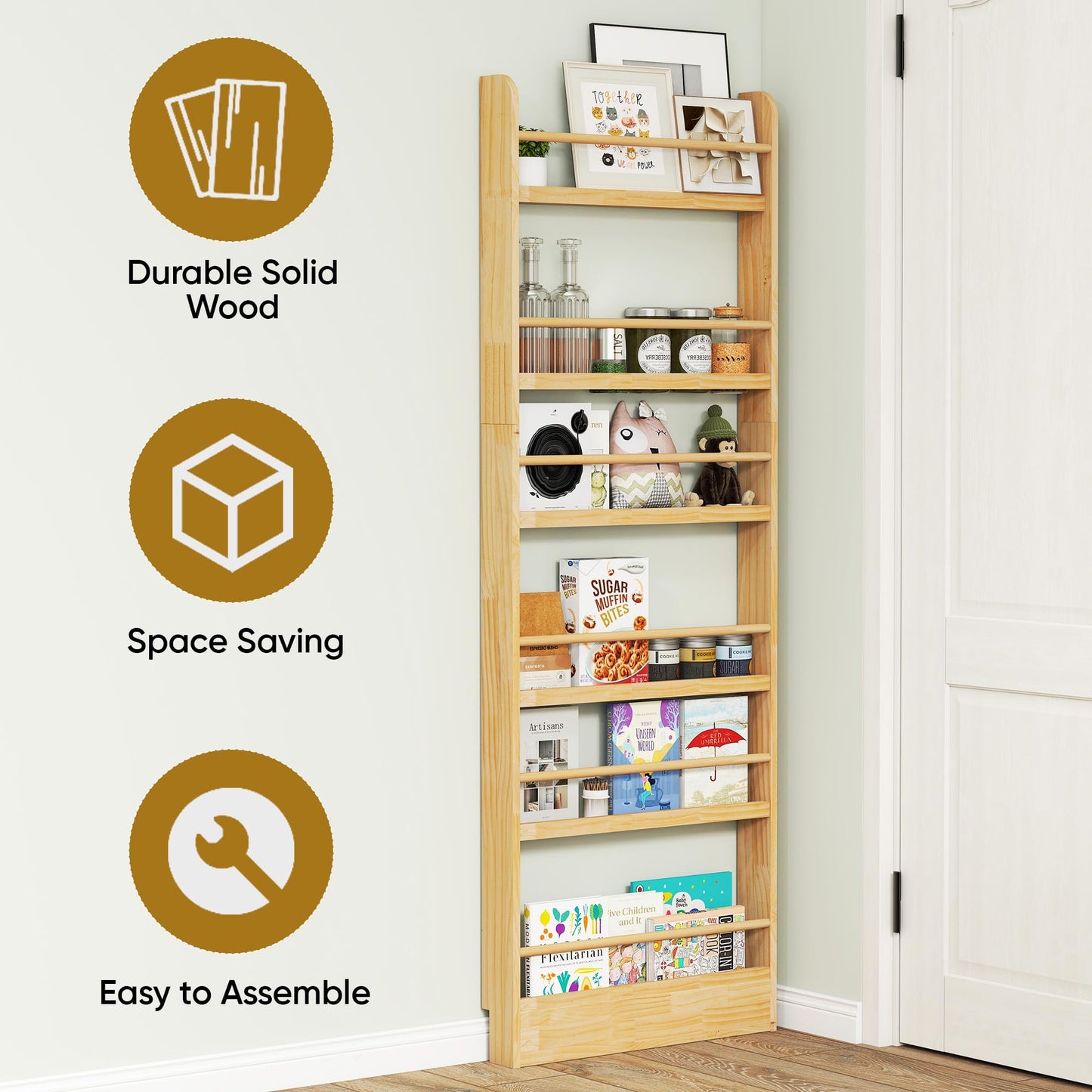 petour 6 Tier Behind The Door Bookshelf, Space Saving Behind The Door Bookcase Wooden Kids Wall Bookcase for Bedroom Living Room Playroom (Wood)