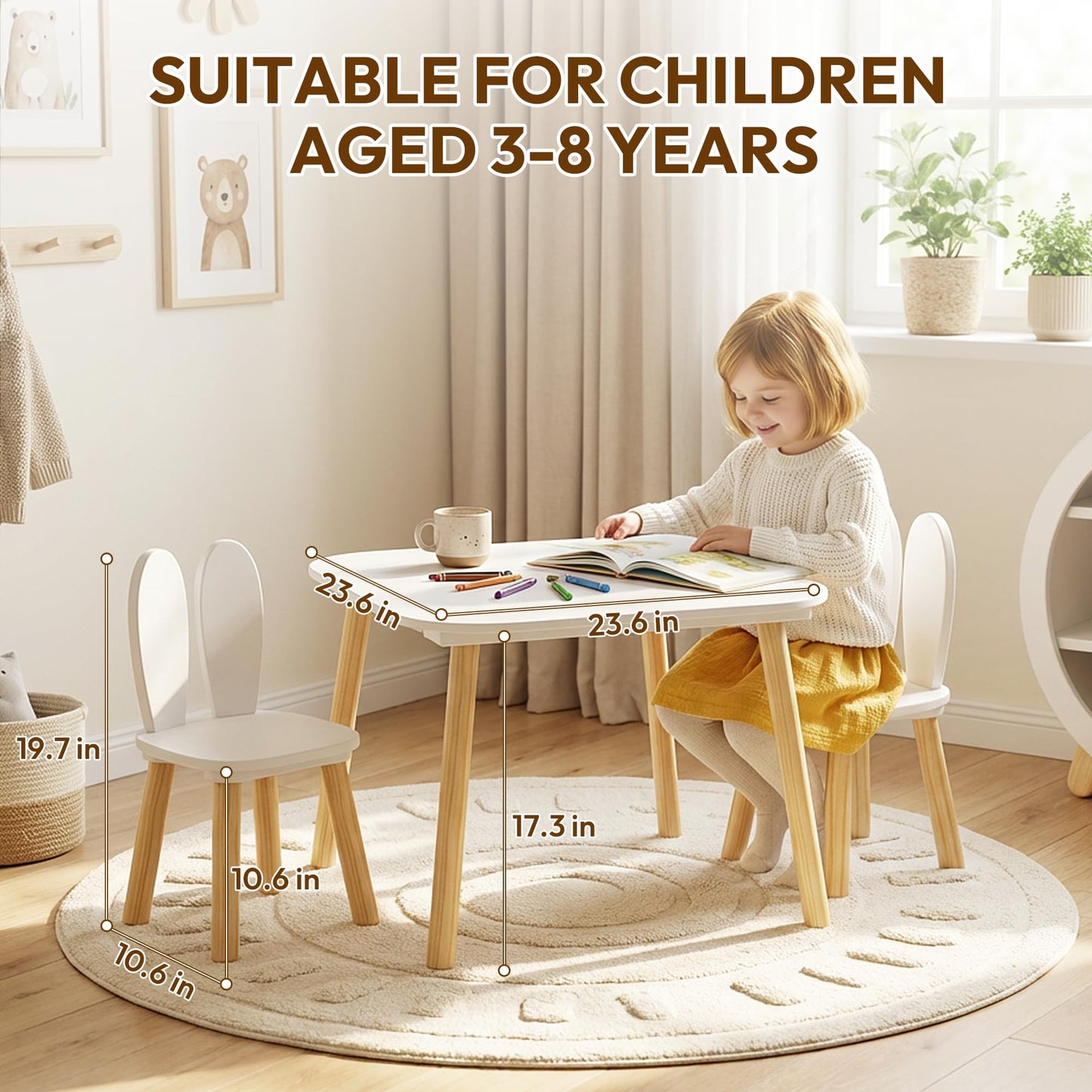 BRITEMART Kids Table and 2 Chairs, Wooden Stable Table and Chair Set (Rabbit), Ideal for Arts & Crafts, Snack Time, Homeschooling, Homework & More