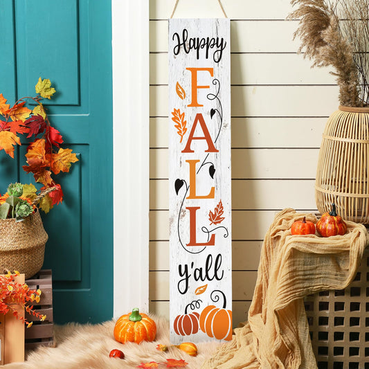 Dandat Fall Porch Sign 47" Happy Fall Y'all Wooden Welcome Sign Large Autumn Vertical Front Porch Decor Rustic Pumpkins Maple Decor for Thanksgiving Outdoor Farmhouse Door Hanging Decoration