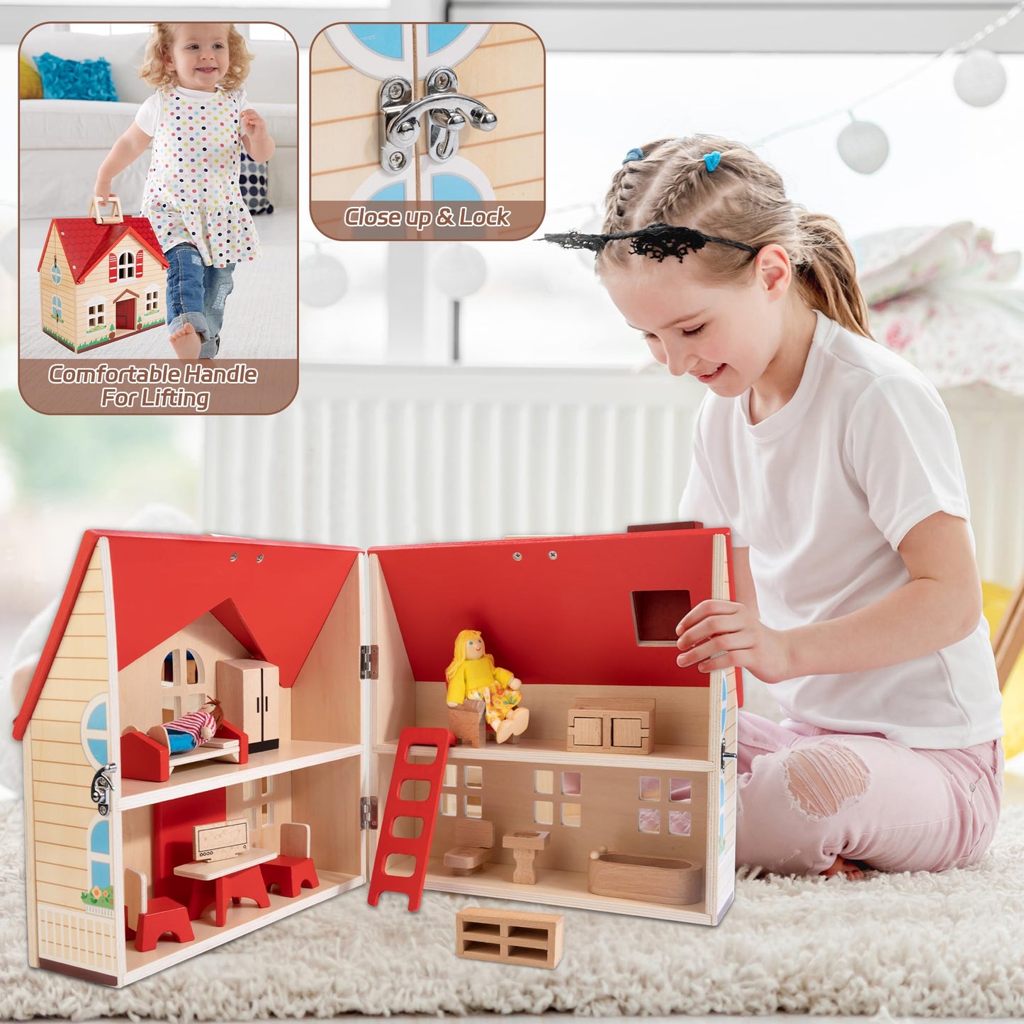 Foldable Wooden Dollhouse with 13PCS Furniture, 4 Rooms and 2 Flexible Dolls, Pretend Play Doll House Set with Portable Handle, Christmas Birthday Gift for Boys Girls Age 3+, Cottages