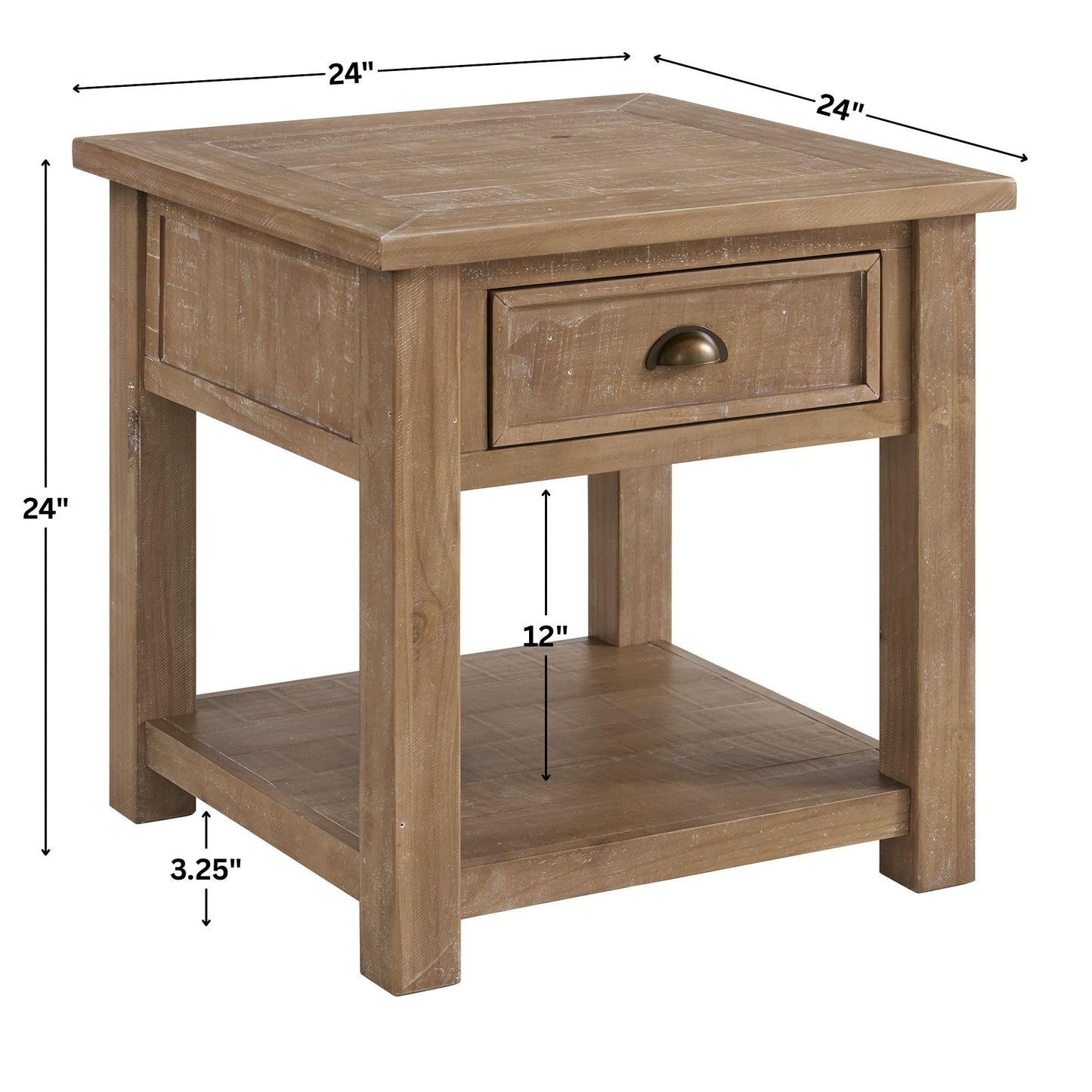 Monterey Farmhouse Rustic End Table, Solid Pine Wood Coastal Side Table with Drawer and Shelf. Driftwood.