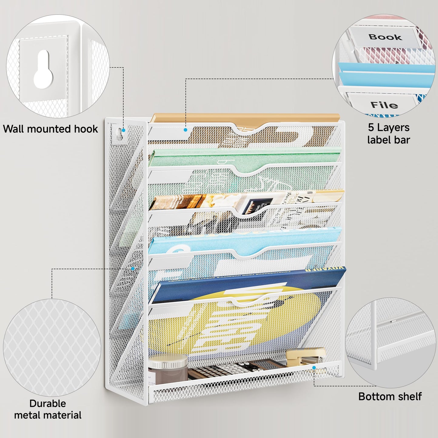 Lavatino 6-Tier Hanging File Organizer, Wall Mount File Holder for Mails Folders Papers Magazine Organization, Vertical Document Organizer for Office Home - (White)