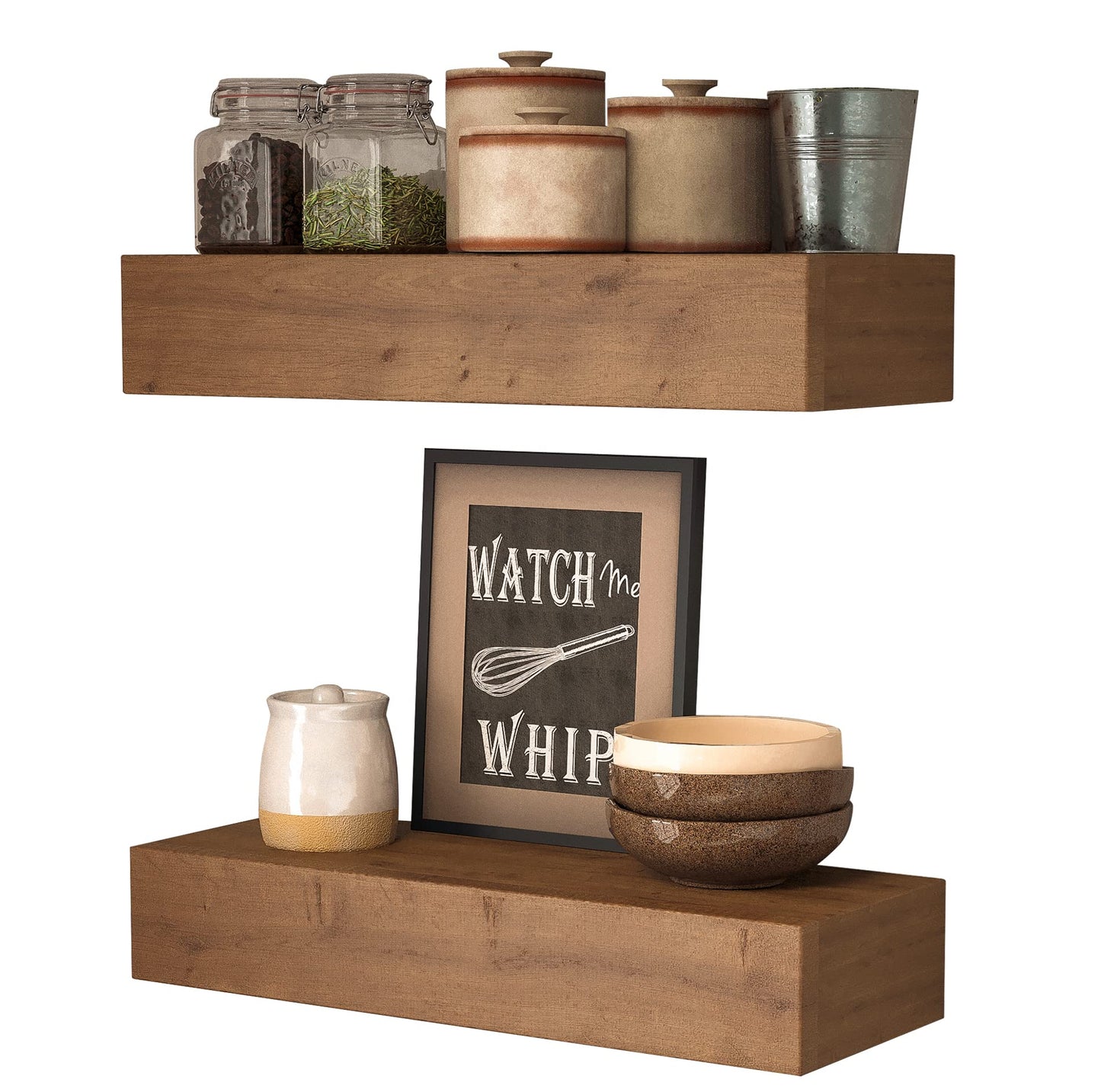 ROOREVO Wall Floating Shelves, Rustic Wood Wall Shelf Handmade - Wooden Shelves for Bathroom Kitchen Livingroom(Light Walnut, 17 Inch - 2 Pack)