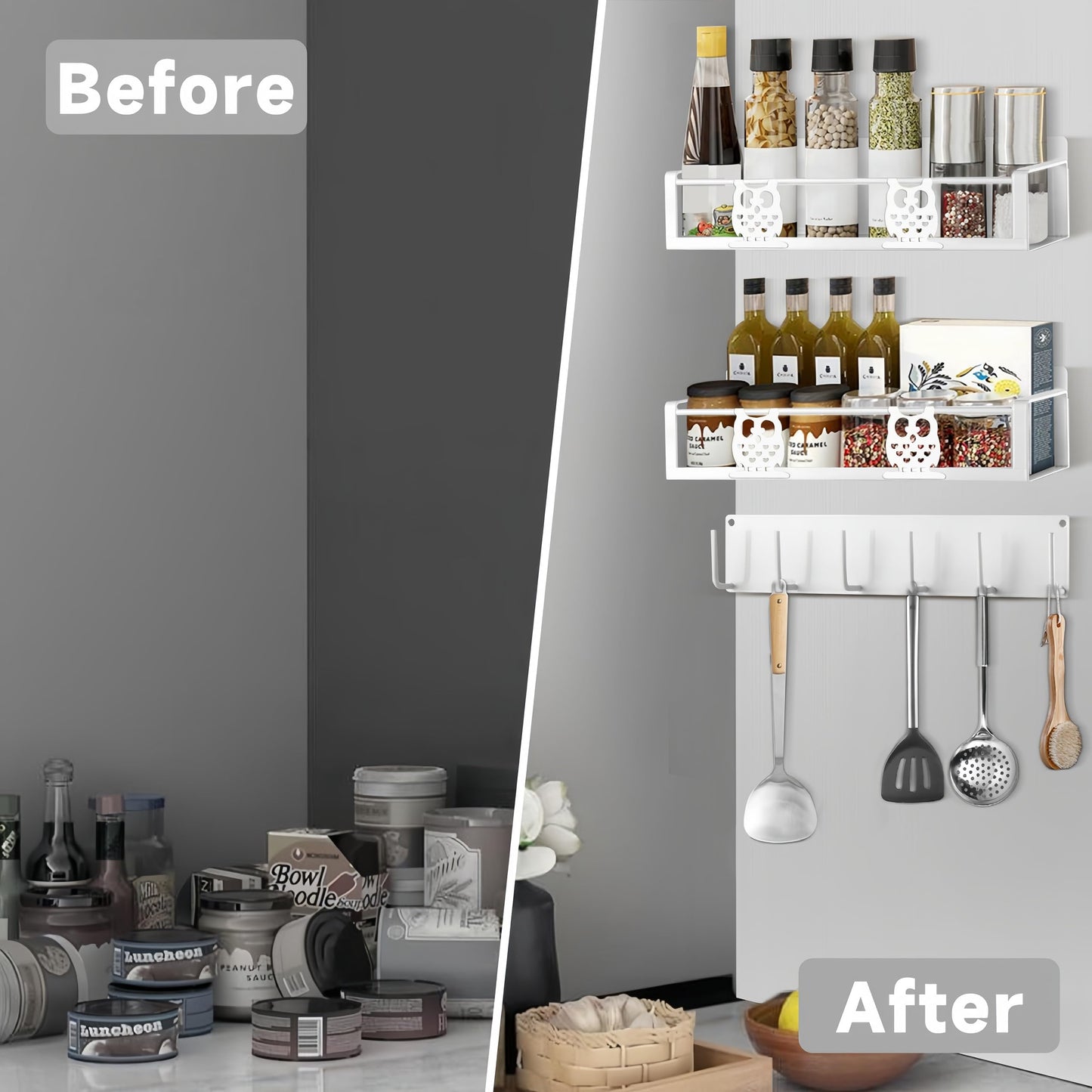 HCBaoXGui Magnetic Spice Rack,Magnetic Shelf for Fridge,Spice Organizer,Fridge Organizer,Kitchen Storage Organization with Magnetic Hooks,Owl Home Decor(White)