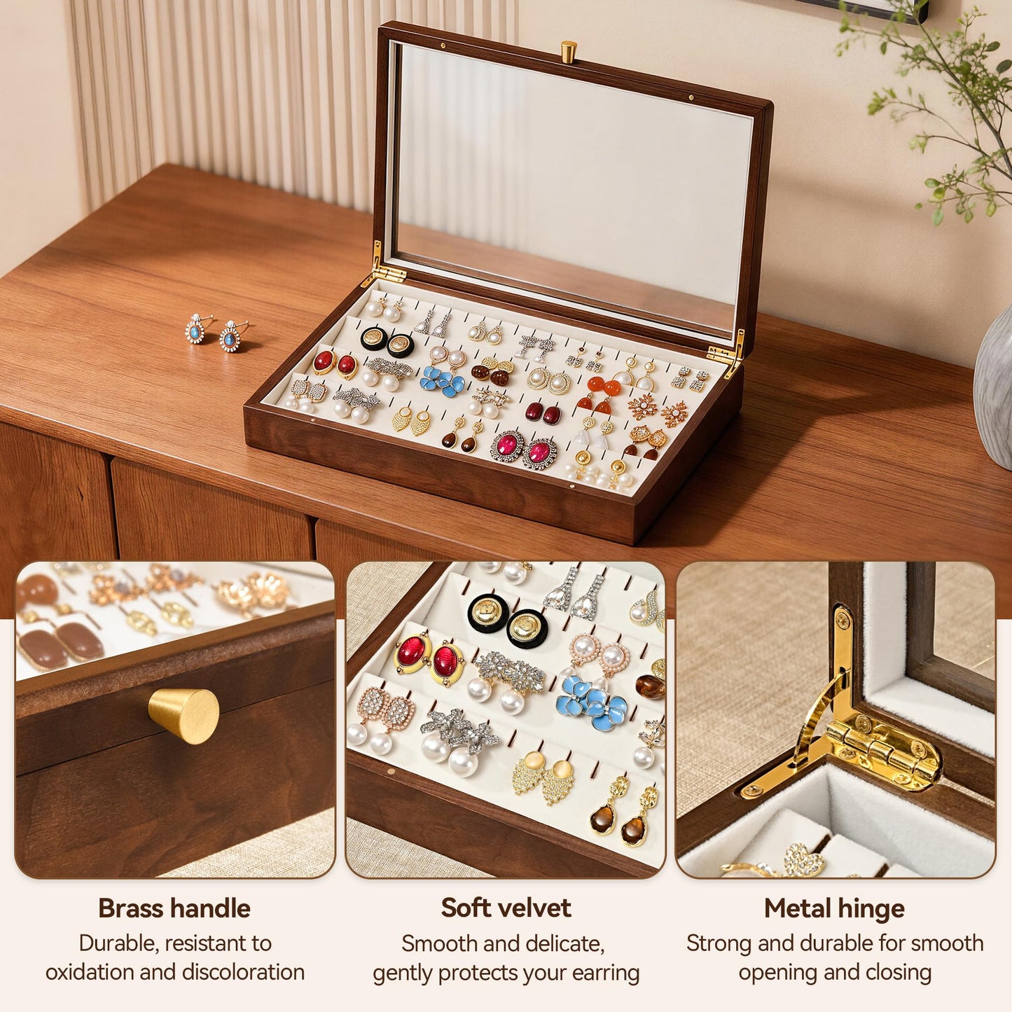 Vwixkuxx Black Walnut Wooden Earring Box, 40 Pairs Earrings Natural Solid Wood Jewelry Organizer Tray with Clear Glass Lid, Desktop Velvet Lined Holder Display Case for Women Girls Gifts for Mom.