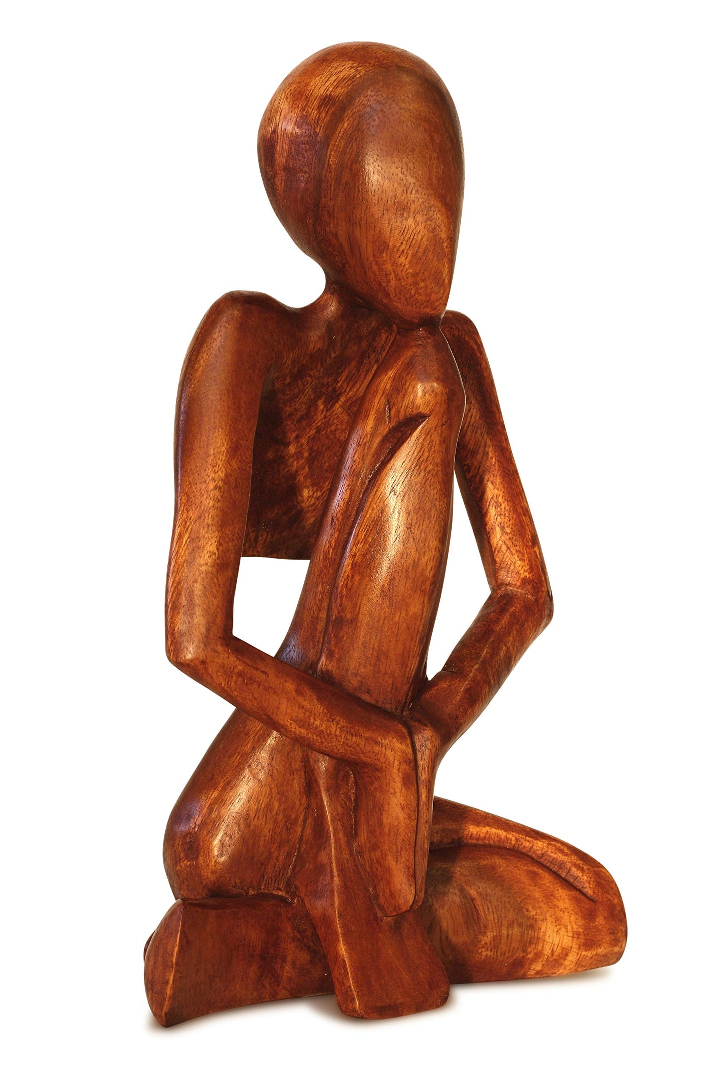 G6 Collection Wooden Handmade Abstract Sculpture Statue - Hand Carved Suar Wood Praying Man Figurine - Thinker Meditating Spiritual Gift - Modern Art Home Decor Accent for Shelf - 12 inch