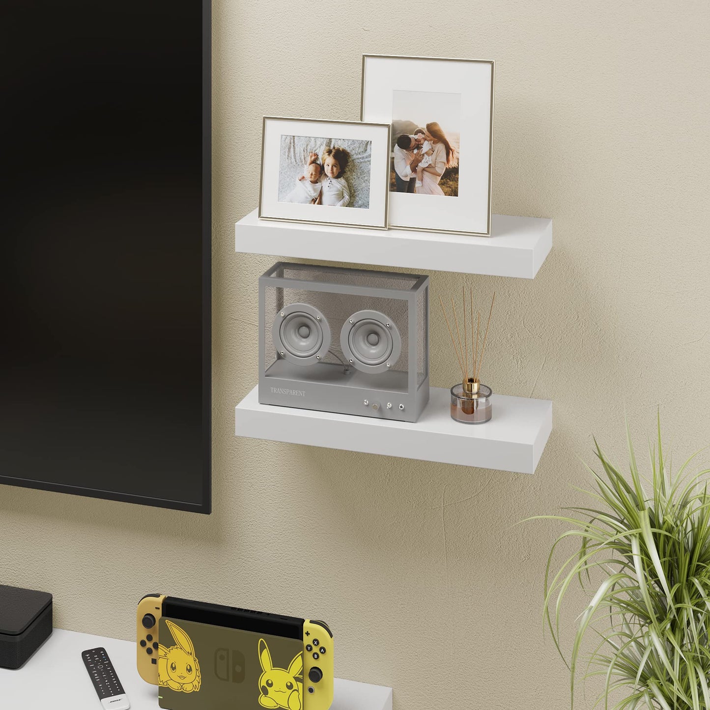 BAMEOS Floating Shelves, White Wall Mounted Wooden Shelves with Invisible Brackets Set of 2, Hanging Wall Shelves Decoration for Bedroom, Bathroom, Living Room and Kitchen