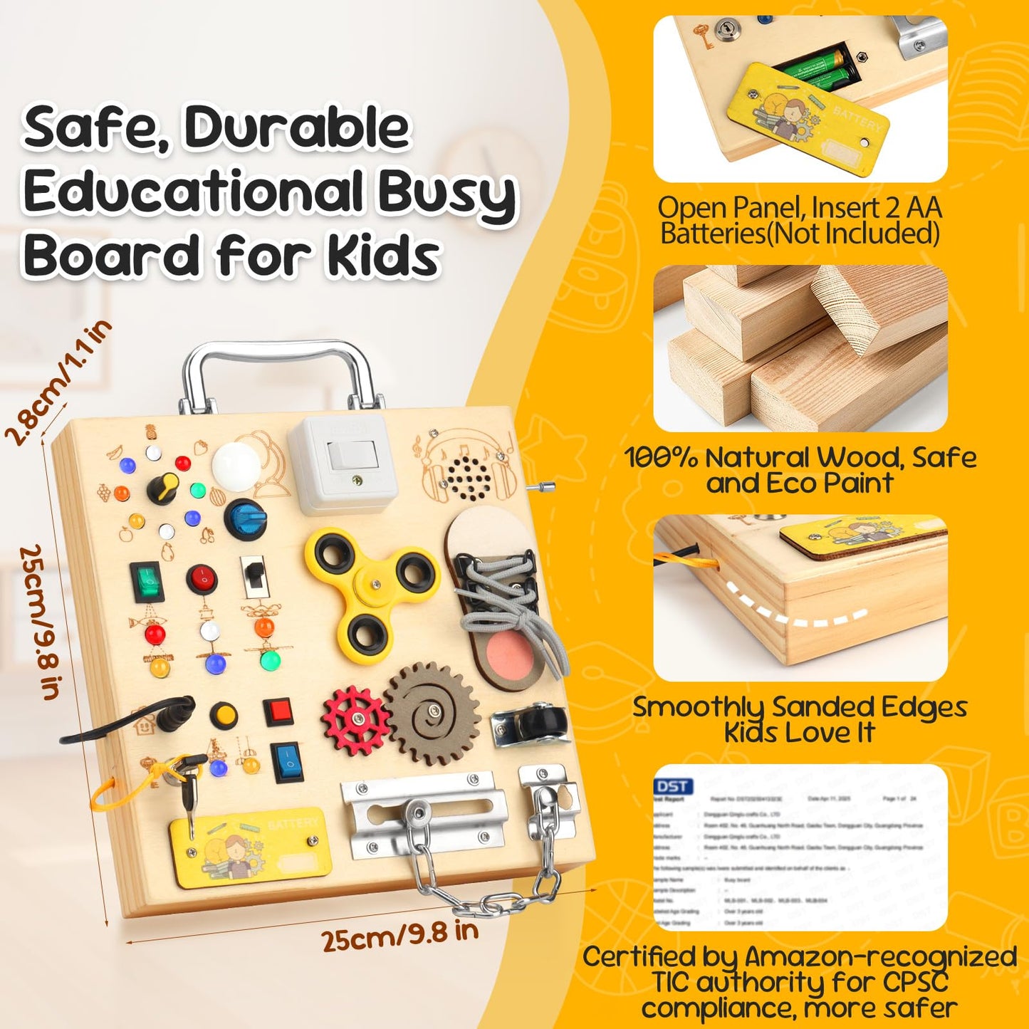 Wooden Busy Board with LED Light Montessori Baby Learning Toys for Toddlers , Sensory Activity Board, Travel Educational Toys, Boy & Girl Birthday Gift (Silver Handle)