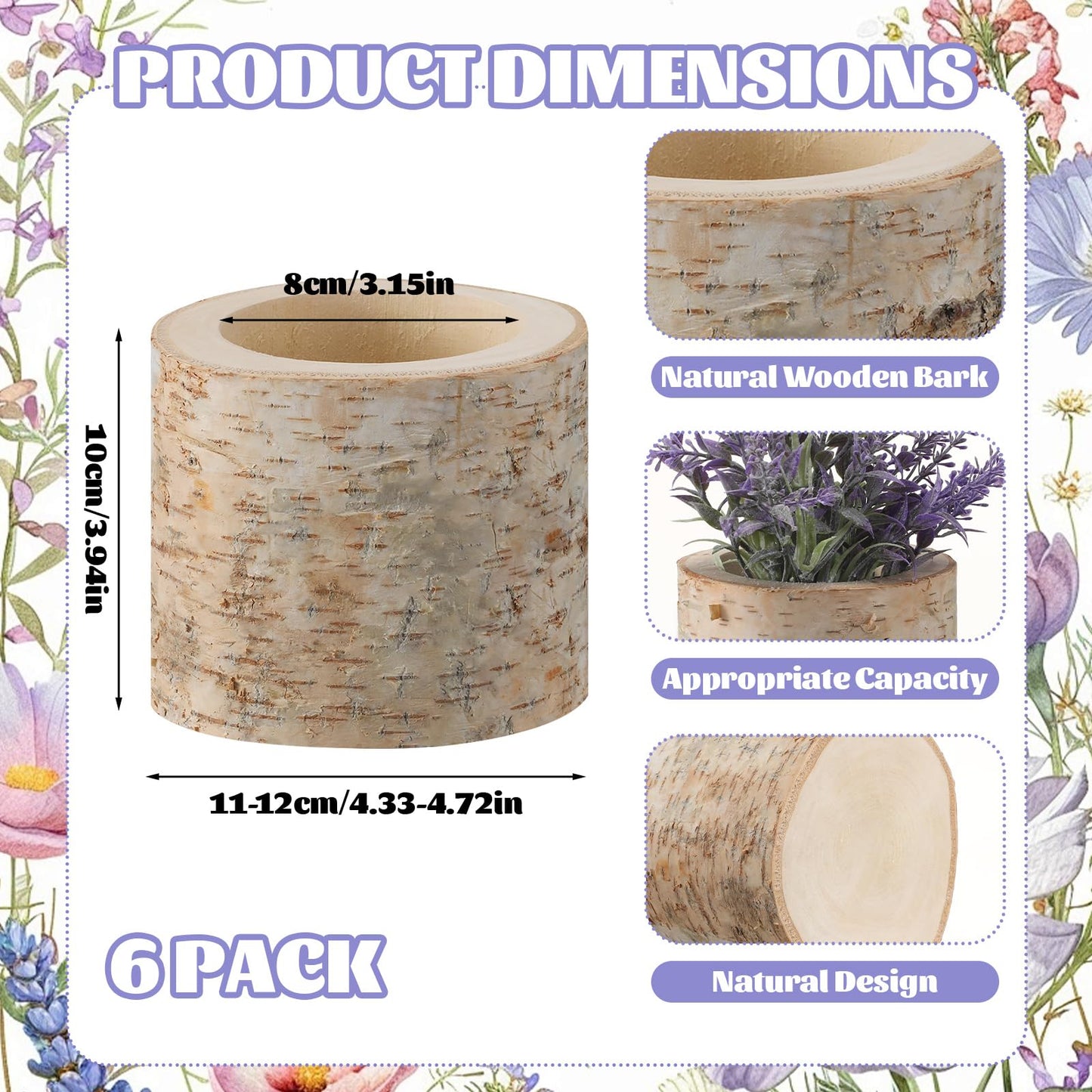 Acellegic 6 Pcs Natural Birch Vase Wooden Vase Natural Birch Bark Flower Pots Country Style Wood Planter for Garden Wedding Party Window Home Farmhouse Centerpieces