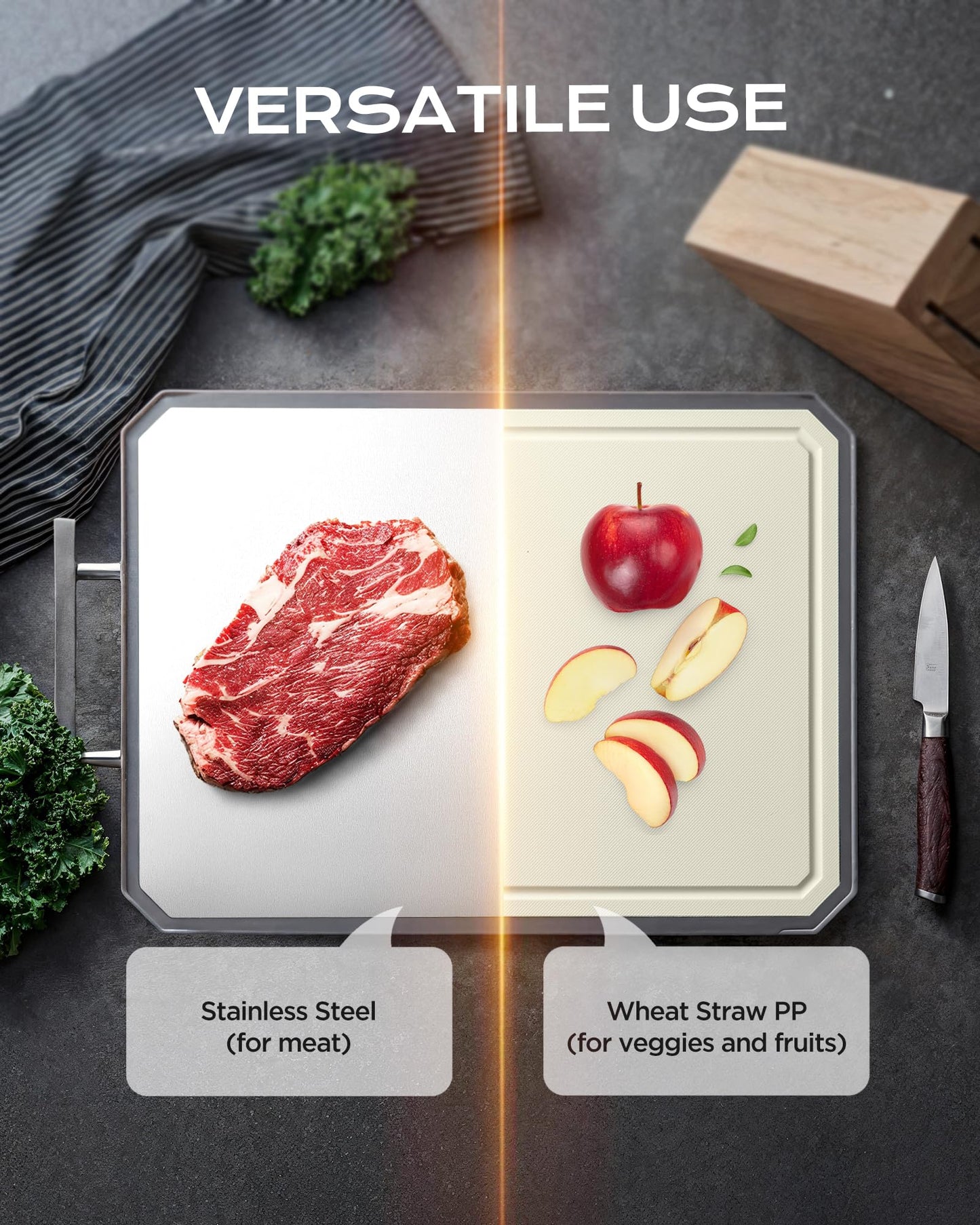 SNOWCLAD Stainless Steel Cutting Board,Double Sided Steel Bread Boards for kitchen,Stainless Steel/Wheat straw pp Large Board for meat,non toxic Chopping,Dishwasher Safe,16 * 11 Inch