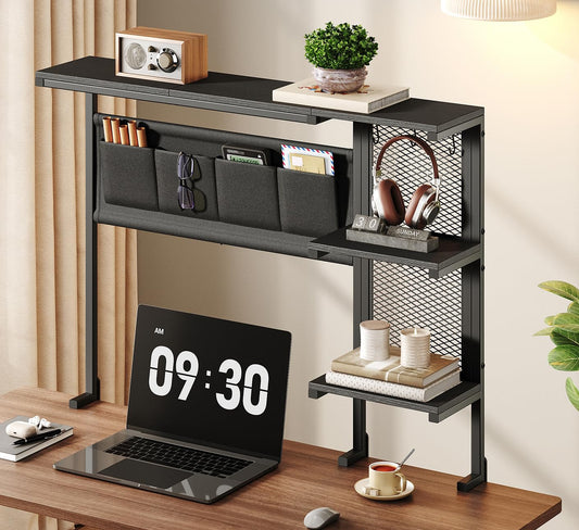 STHYTON Clamp On Desk Shelf, 3-Tier Above Desk Extender with Pegboard & Hooks, Metal & Wooden Desktop Bookshelf & Organizer, Tabletop Storage Rack for Office Accessories, 38.3" W x 33" H, Black