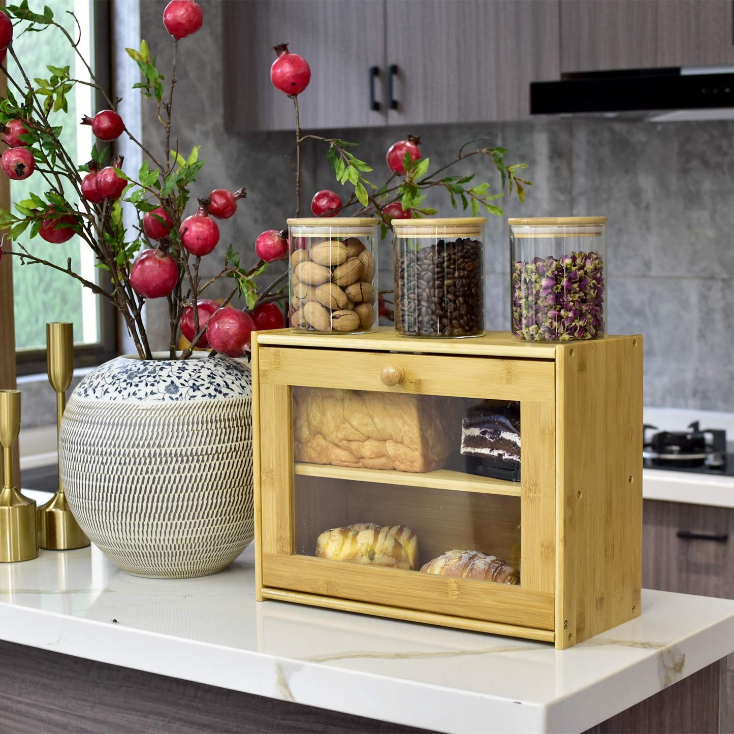 Bread Box, 2 Layer Bamboo Bread Boxes with transparent windows for Kitchen Food Storage, Equipped with three transparent glass storage Kitchen Canisters，15.7" x 6.69" x 12", (Assembled)