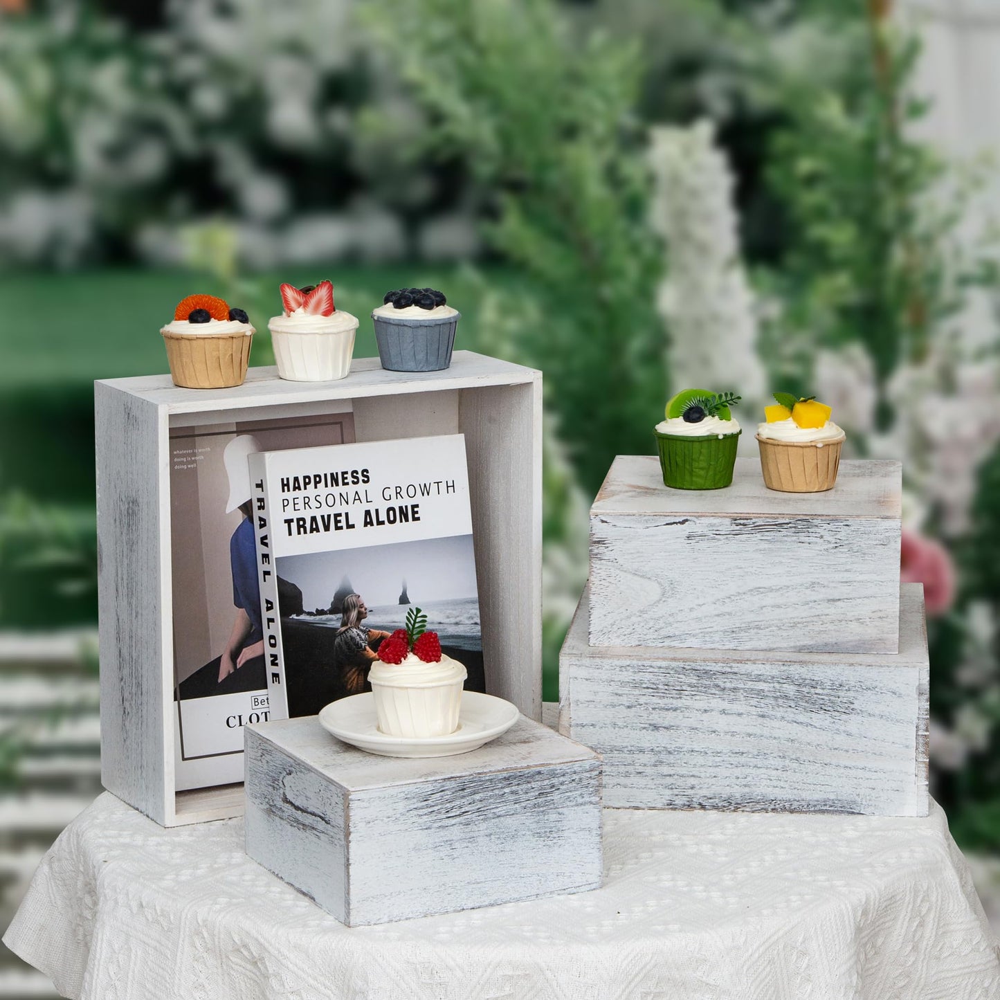 WEASATRY 4 Pieces Wooden Cake Stands,Antique White Cupcake Stands for Display,12 inches Square Wooden crates,Wood Display risers for Wedding,Birthday Party,Christmas,etc. (Antique White)