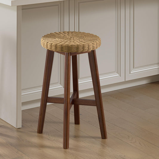 Alaterre Furniture Calais Round Bar Stool with Woven Seat - 24in Counter Height Bar Stools Backless for Kitchen, Bar or Dining Room - Wooden Barstool (Chestnut Finish)