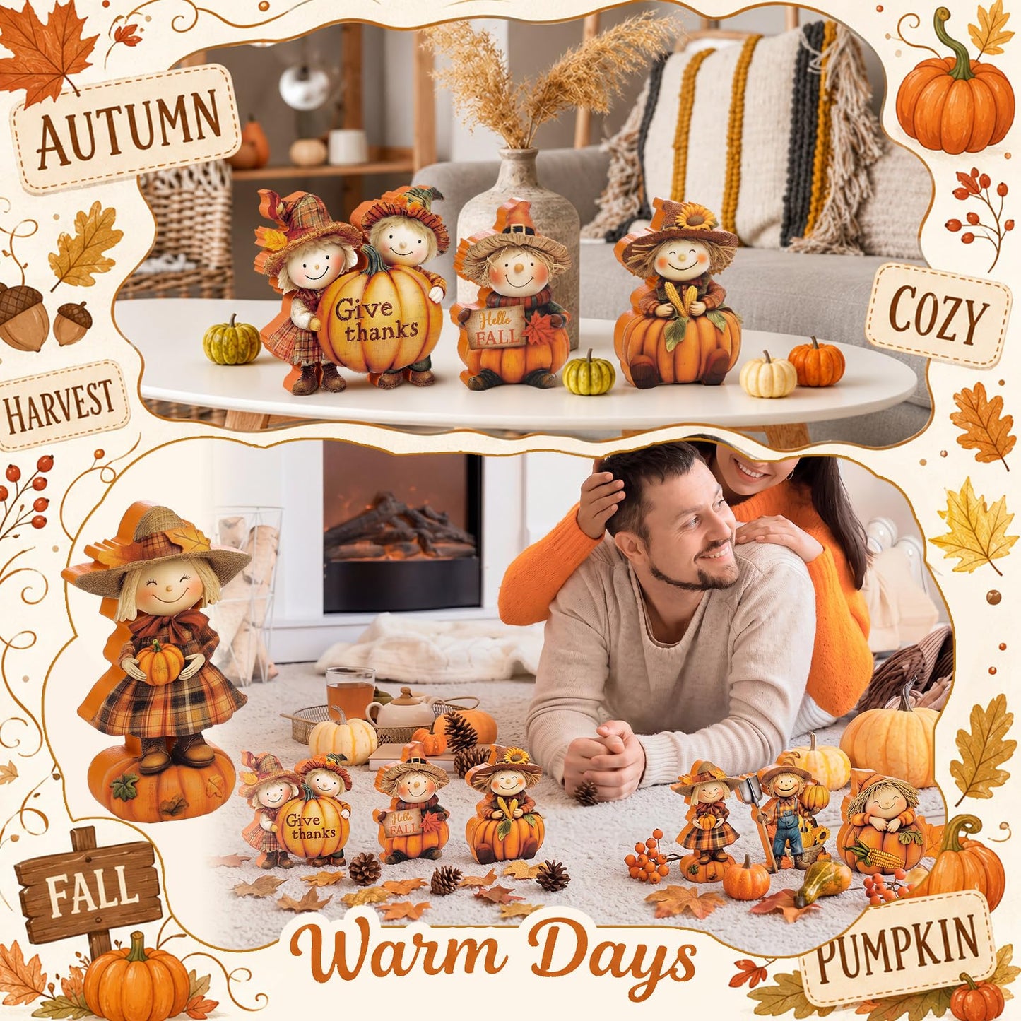 Vicenpal 6 Pieces Fall Decor Wooden Scarecrow Pumpkin Figurines Rustic Autumn Harvest Tabletop Decoration for Thanksgiving Home Kitchen Centerpiece, Shelf Sitter Holiday Display