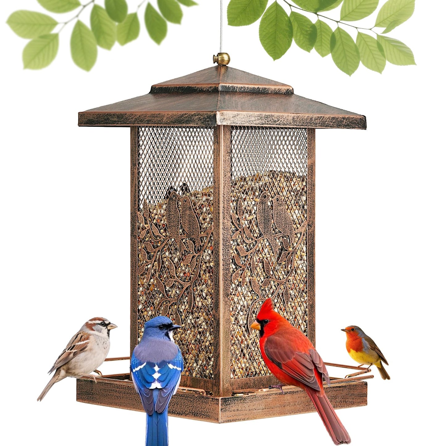 LBTING Bird Feeder for Outside, Metal Lantern-Shaped Bird Feeder, Wild Bird Feeders for Hanging Outdoor Garden Yard, Birds Pattern