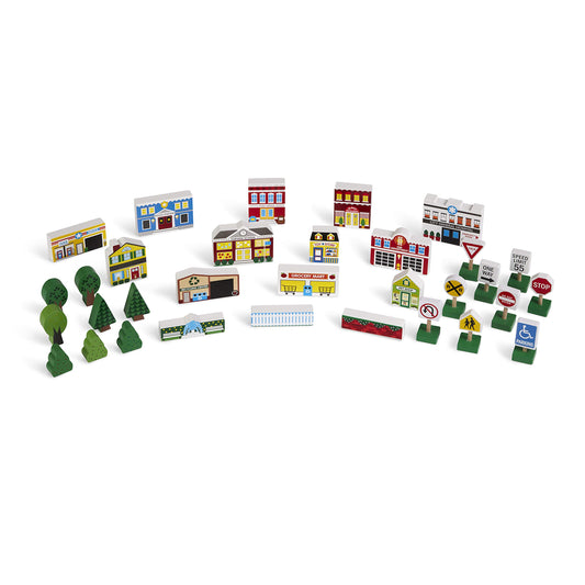 Melissa & Doug Wooden Town Play Set with Storage Tray (32 pcs) Pretend Play Wooden Town Set for Kids with Storage