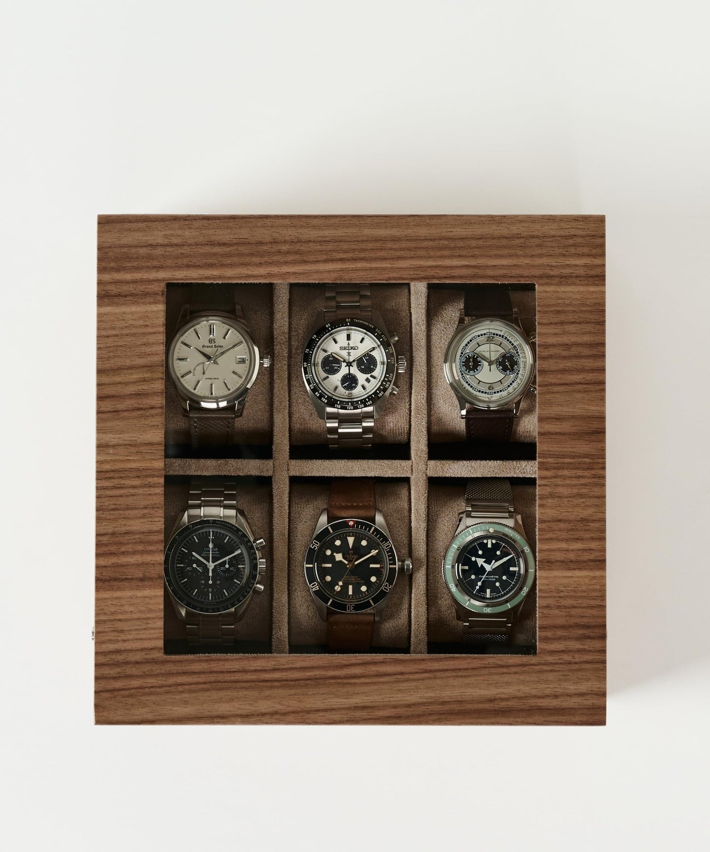 TAWBURY Wooden Watch Case - 6 Slot Wood Watch Box for Men & Women with Glass Display, Protective Fully Lined Interior and 2-inch Wide Pillows for Small & Large Watches (Classic Walnut)