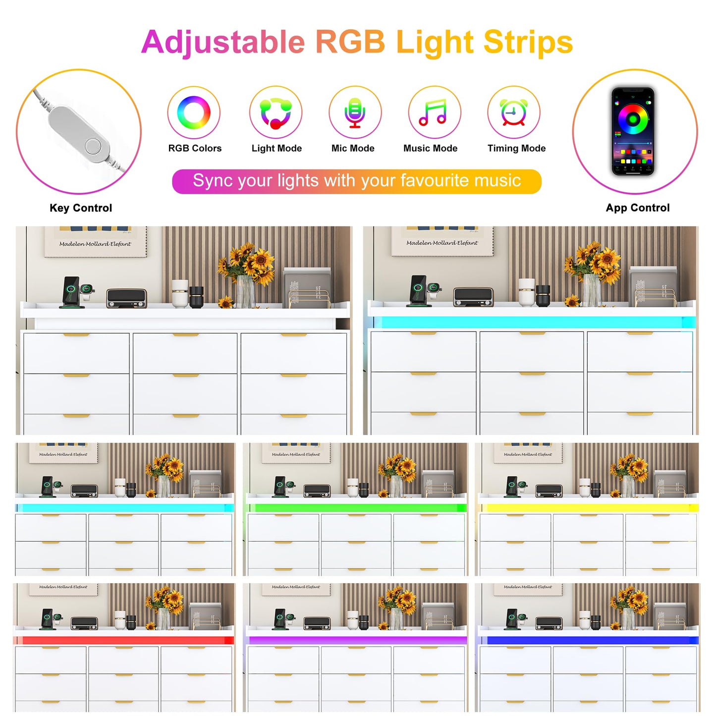 9 Drawer Dresser for Bedroom, White Dresser with LED Lights and Charging Station, Modern Chest of Drawer, Wood Triple Wide Drawer Organizer Cabinet for Bedroom, Living Room, Entryway, Hallway