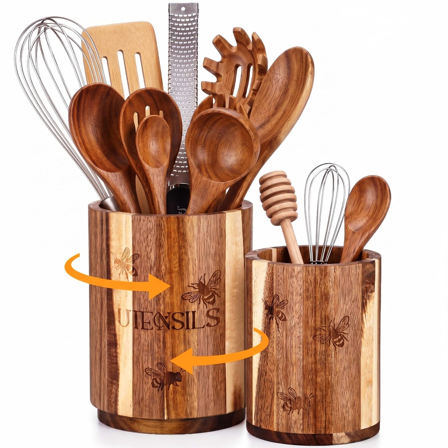 Hushee 2 Pack Acacia Wood Utensil Holder for Kitchen Counter, 360° Rotating 7.3inch Large Wooden Cooking Utensil Crock and 5.5 Inch Small Kitchen Tool Organizer for Countertop, Farmhouse Modern Decor