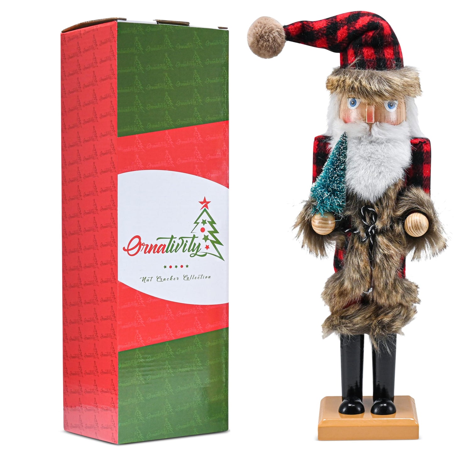 Ornativity Christmas Nostalgic Santa Nutcracker – Red and Black Wooden Nut Cracker Santa Clause Man with Buffalo Brown Fur Plaid Coat Holding a Xmas Tree Themed Holiday Doll Figure Decorations 15"