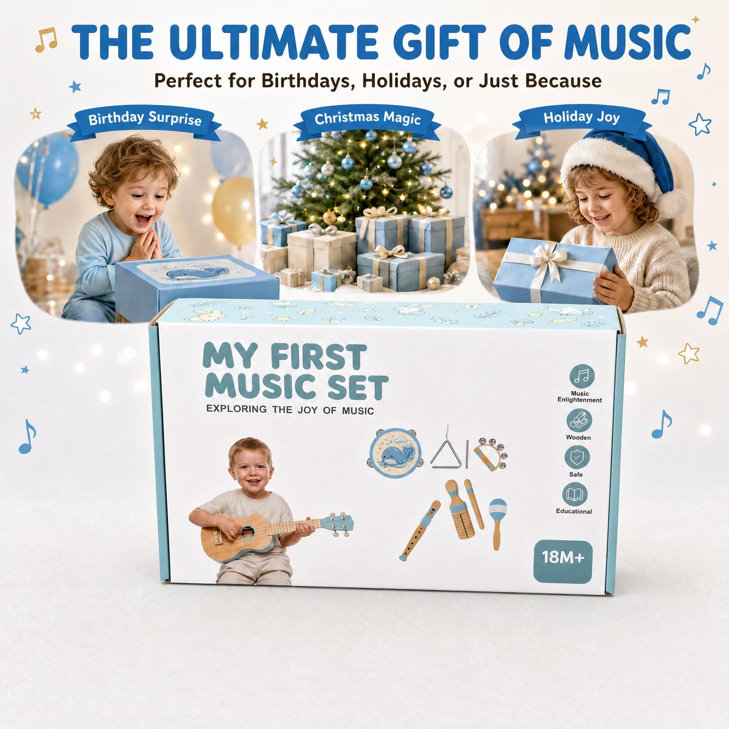Soundo Kids Musical Instruments Set - 7P Toddler Ukulele for 2+ Year Old Boys Girls, Birthday Gifts for Kids 2 - 5, Christmas Wooden Toys, Party Kit with Ukulele, Maracas, Tambourine (Blue)