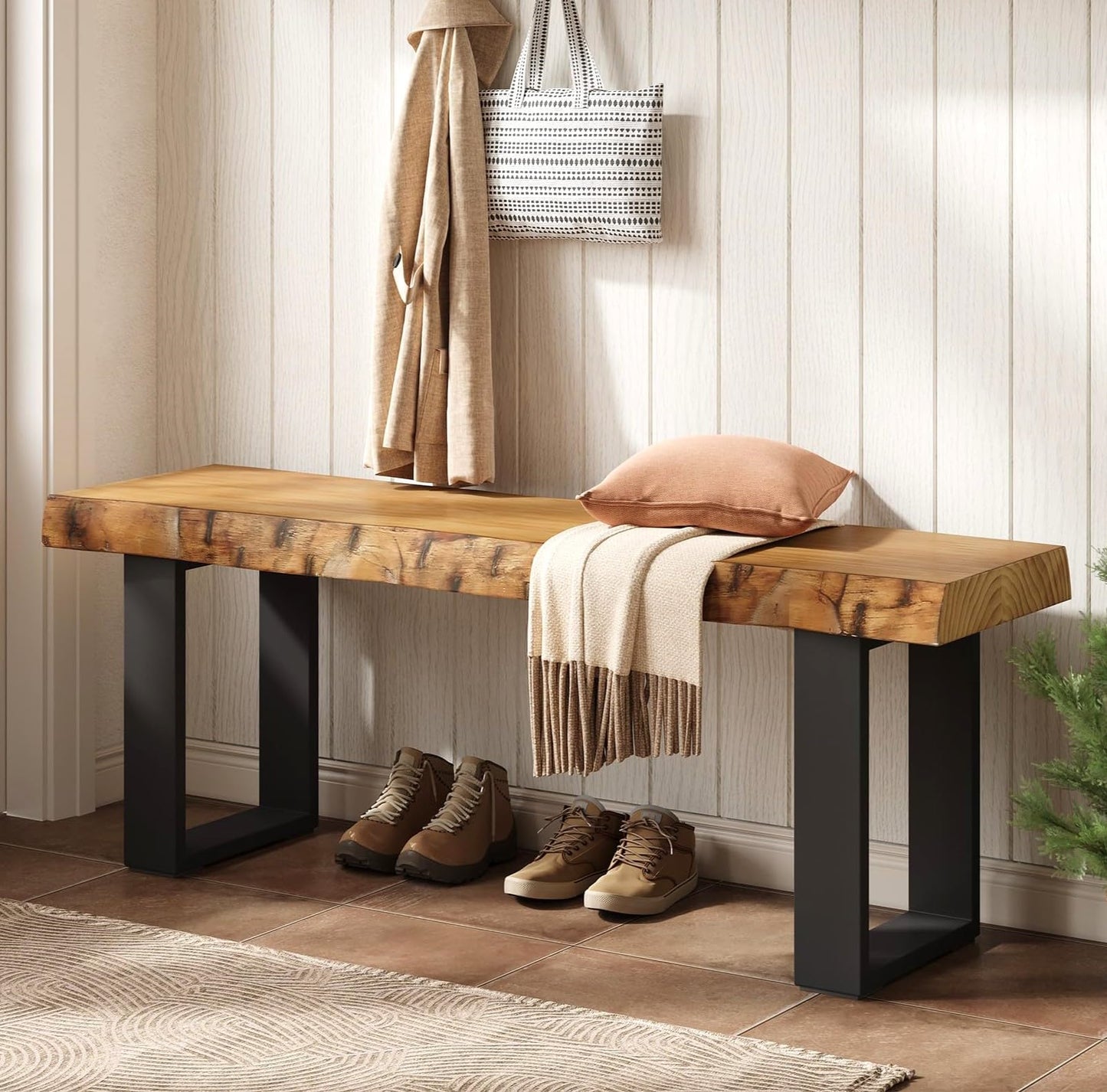 TRIBEWOOD Solid Wood Dining Bench, 47'' Industrial Entryway Bench with Black Metal Legs, Narrow Long End of Bed Bench for Bedroom, Kitchen, Living Room, Hallway, Easy Assembly