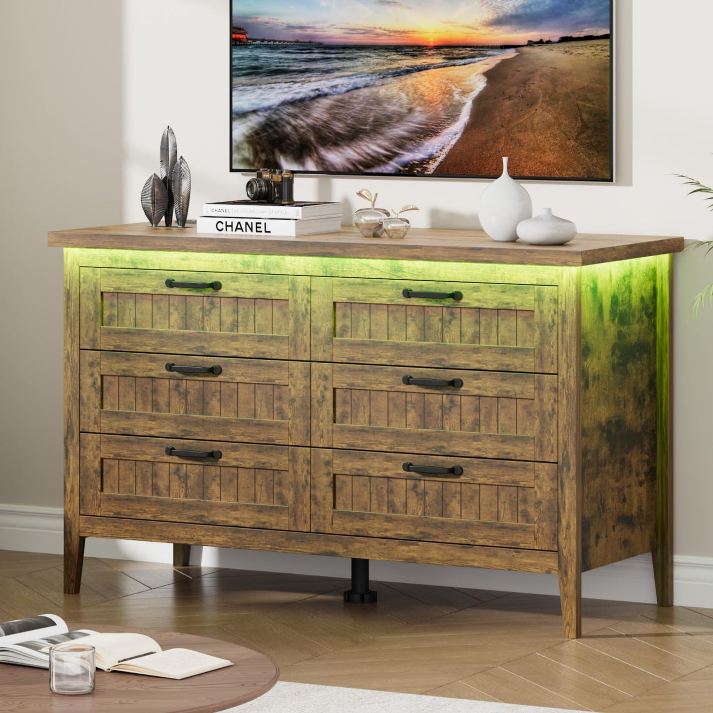 Garvee 6 Drawer Dresser with Power Outlet & LED Lights, Rustic Brown
